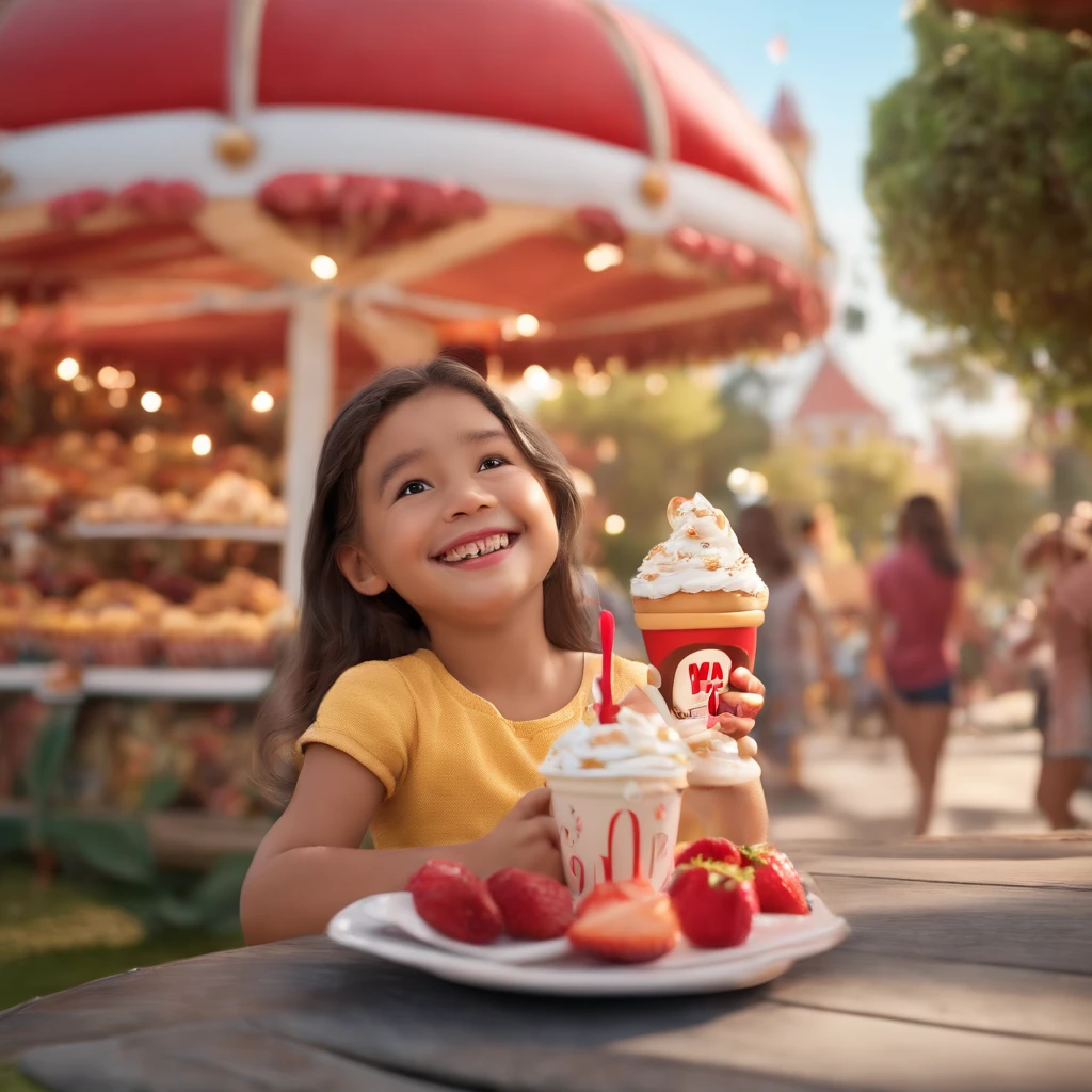 fofo, 可爱, menina sorridente comendo sorvete, doces voando ao seu redor, Pixar, Disney, Cinema lighting, jogos, 8k, Magic, amor, title "Parque da joy", Logo, Logo, Presentation, Disney, marca registrada, mercado, Logo, inflatable, trampolim