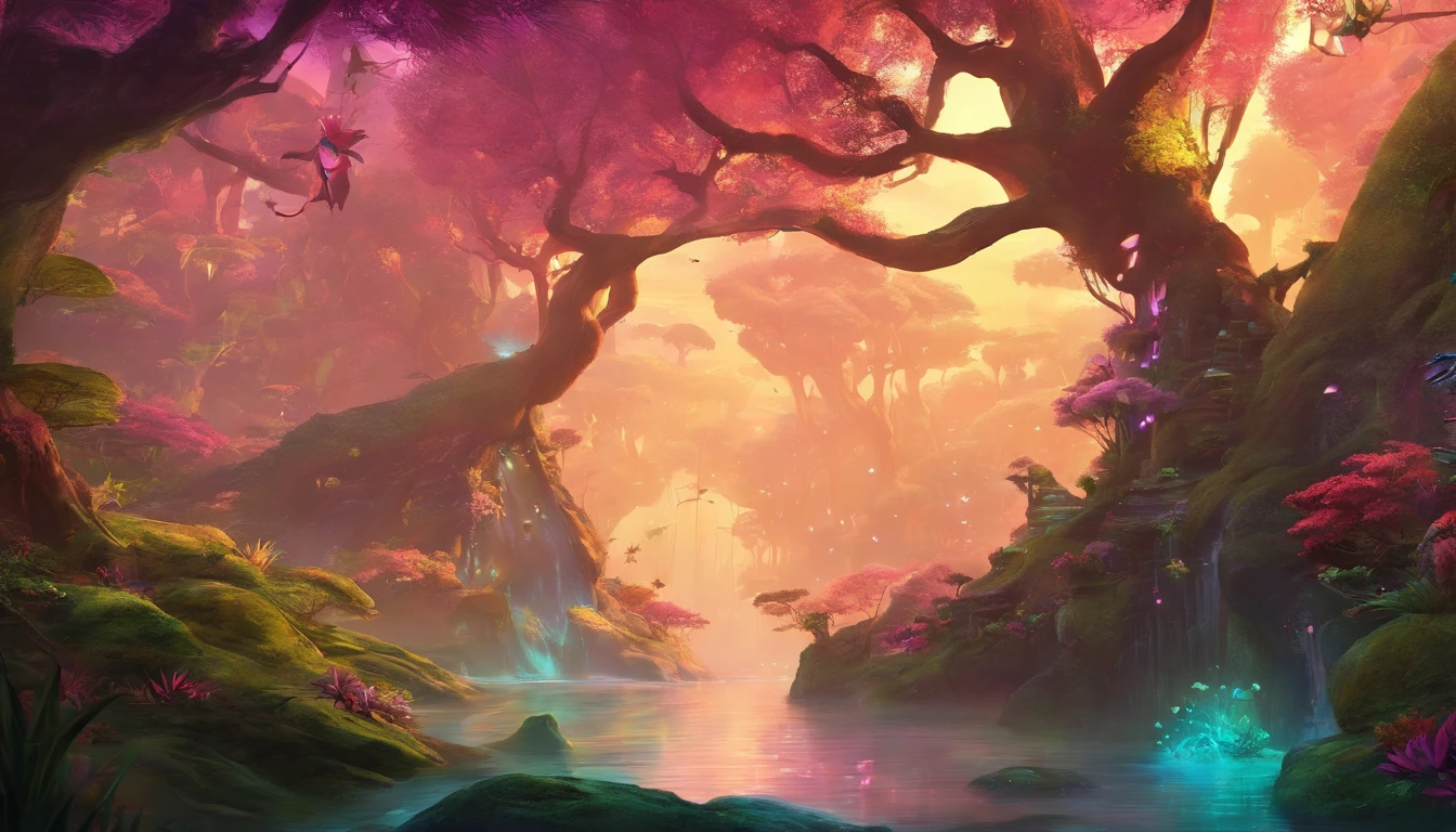 Epic, outside, Ultra HD, Masterpiece, Best quality, 8K, high resolution, ethereal fairytale forest, pink colours, soft lighting,
(2 lovely Na'vi kids, Tucker and Keeley, Have fun in the forests of the planet Pandora) (Tucker and Keeley: 1.5), (The tree of the soul of the Na'vi: 1.0), Na'vi premises.
, Full of life, Dense trees, Lepidoptera,Na'vi:Toruk,scientific name:Gavilandora Maxima，Enigmatic Atmosphere, exotic plants, Majestic, Tall, Brightly colored, Active, Elemental Night, Quiet, Suspense movie clips, Fantasticism, Sci-fi