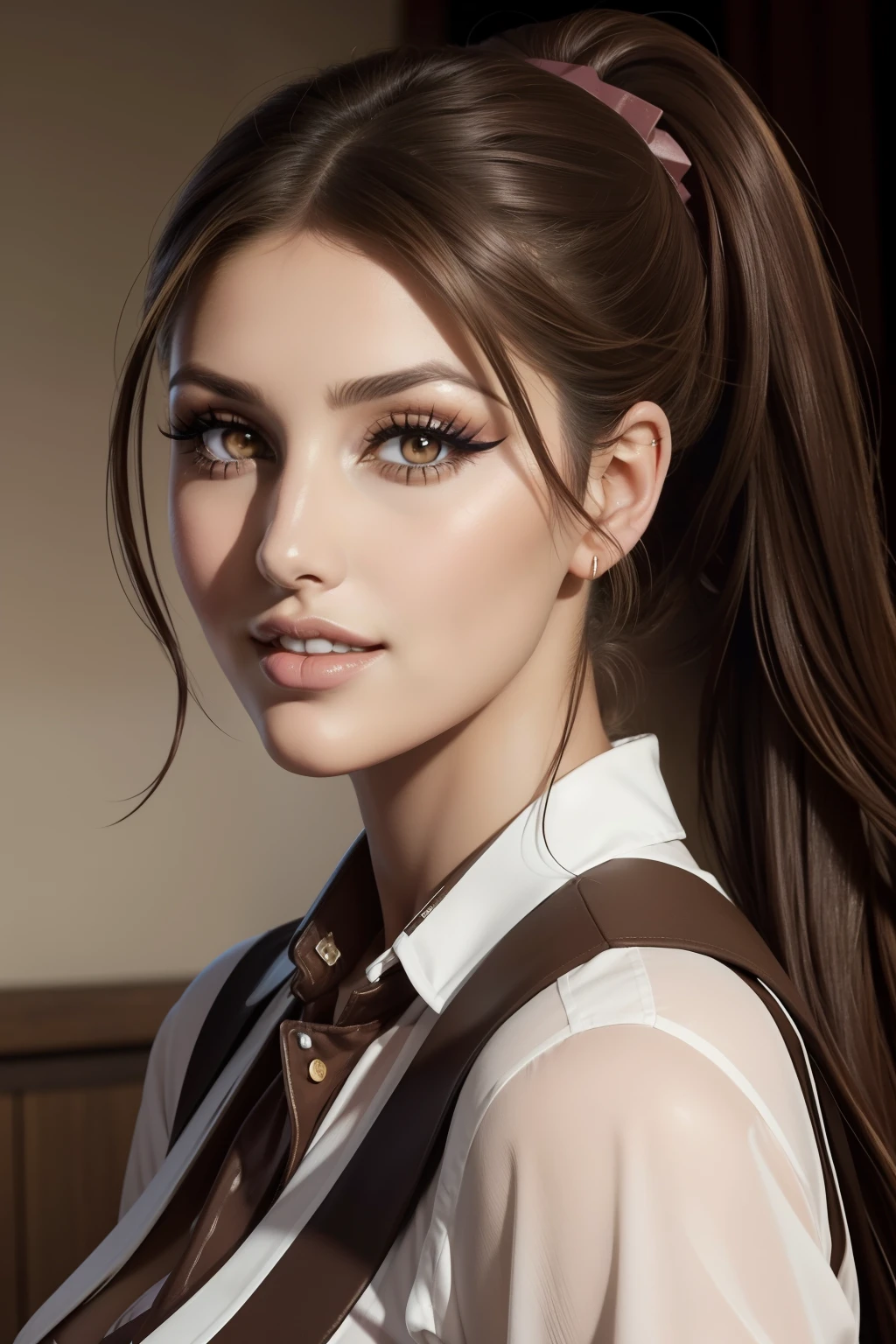 Lucy Pinder, Face portrait, Beautiful face, smiling, ((intense makeup)), ((Brown lipstick)), back, ponytail, sexy schoolgirl