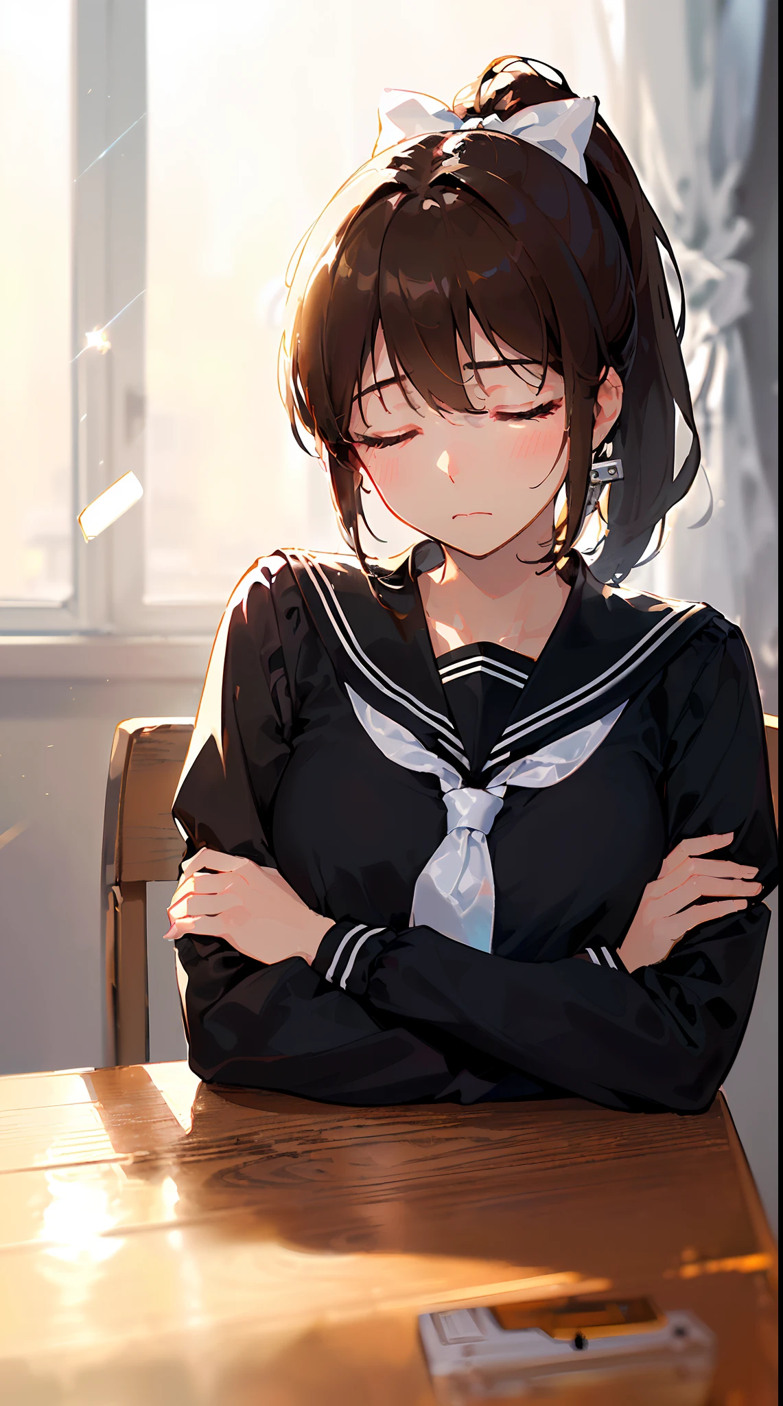((((Sharp focus,Sharp focus,Depression angle 30 degrees,focus onface,indifferent,Sleeping,closing her eyes,Lie on the table,The head is buried in the arm,arms folded,))))(Masterpiece illustration,Beautiful and aesthetic:1.2,Dramatic composition:1.2,near a window,), Best quality,Top quality, Epic quality,((Classroom,wooden tables,cassette,musical note,)(Closed eyes, Sun glare, Bokeh, Depth of field, The background is blurred out, Light particles, neo-classical, OP Art, god light, ,shaded face,))Rich background, Neat face,underage,Young,Beautiful detailed hair 。Break brown hair:1.7|Golden hair:0.9 Rest。hyper HD, retinas, Textured skin, A high resolution, 16k ,((pony tails,Short hair,Large bow on ponytail)),Detailed face, 1JK, 1girll,Solo, Perfect face, Very amazing girl,(Black sailor uniform,White sailor tie at front),The light from the back window is backlighted,rim-light,