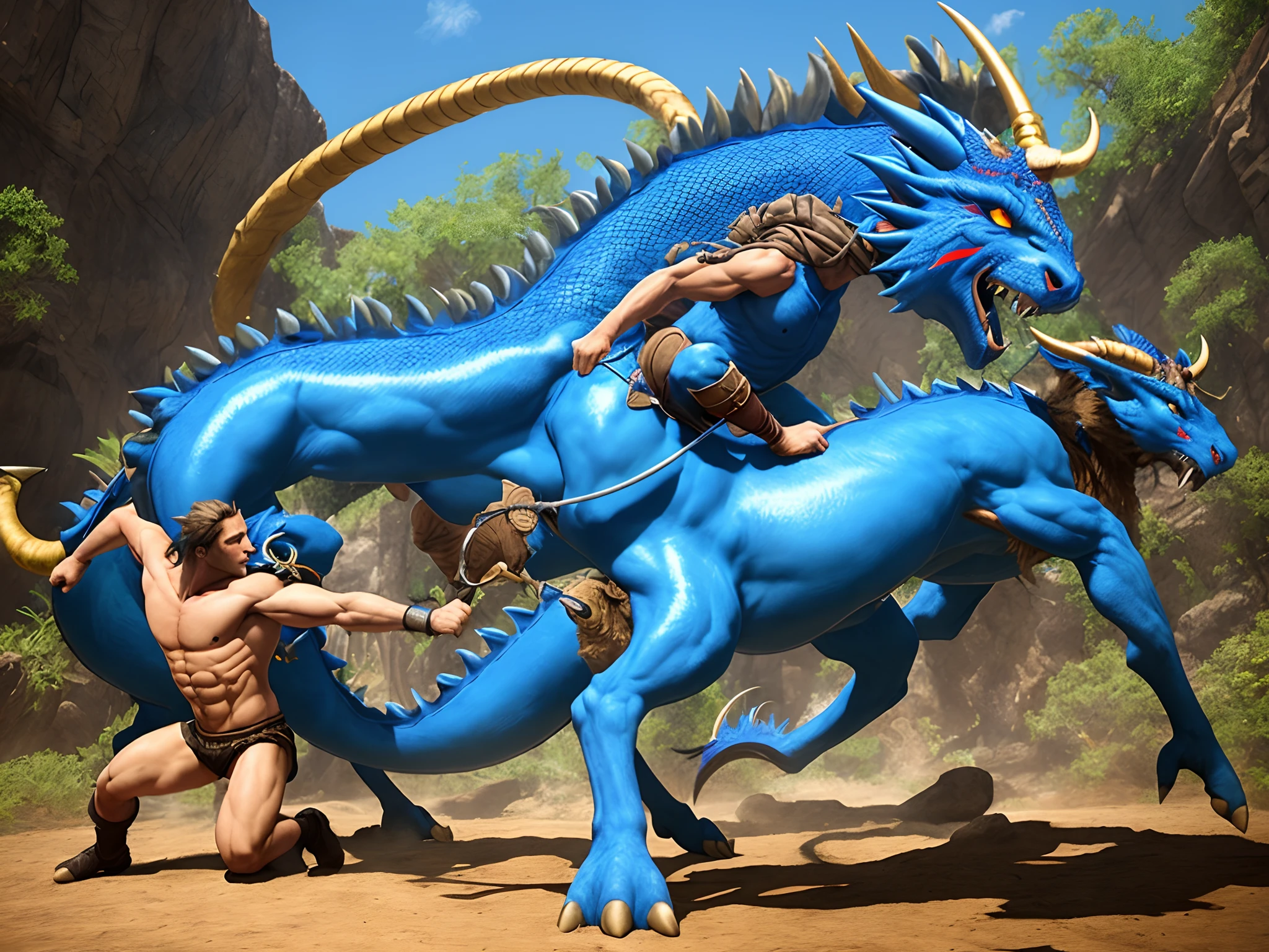 Minotaur suplexing a blue dragon