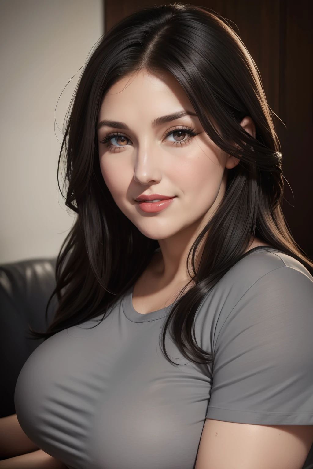 lucy pinder, face portrait, portrait, beautiful face, red lips, ((gray eyelids)), smiling, straight hair, black hair, medium hair, black t-shirt, ((chubby woman)), ((50 year old woman) )