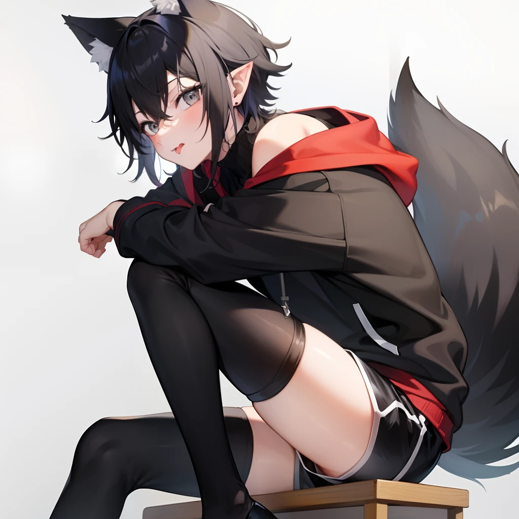 masterpiece, best quality, anime, Sora, ((Boy)), cute, Turtleneck with white stripes, Hoodie off-shoulder,. Sideview, ((Red and Grey eyes)), ((Black Wolf tail and ears)), ((Really fluffy tail)) Cute expression, Black and white Sport-Shorts with Thigh Highs, tongue sticking out, Sitting on a chair