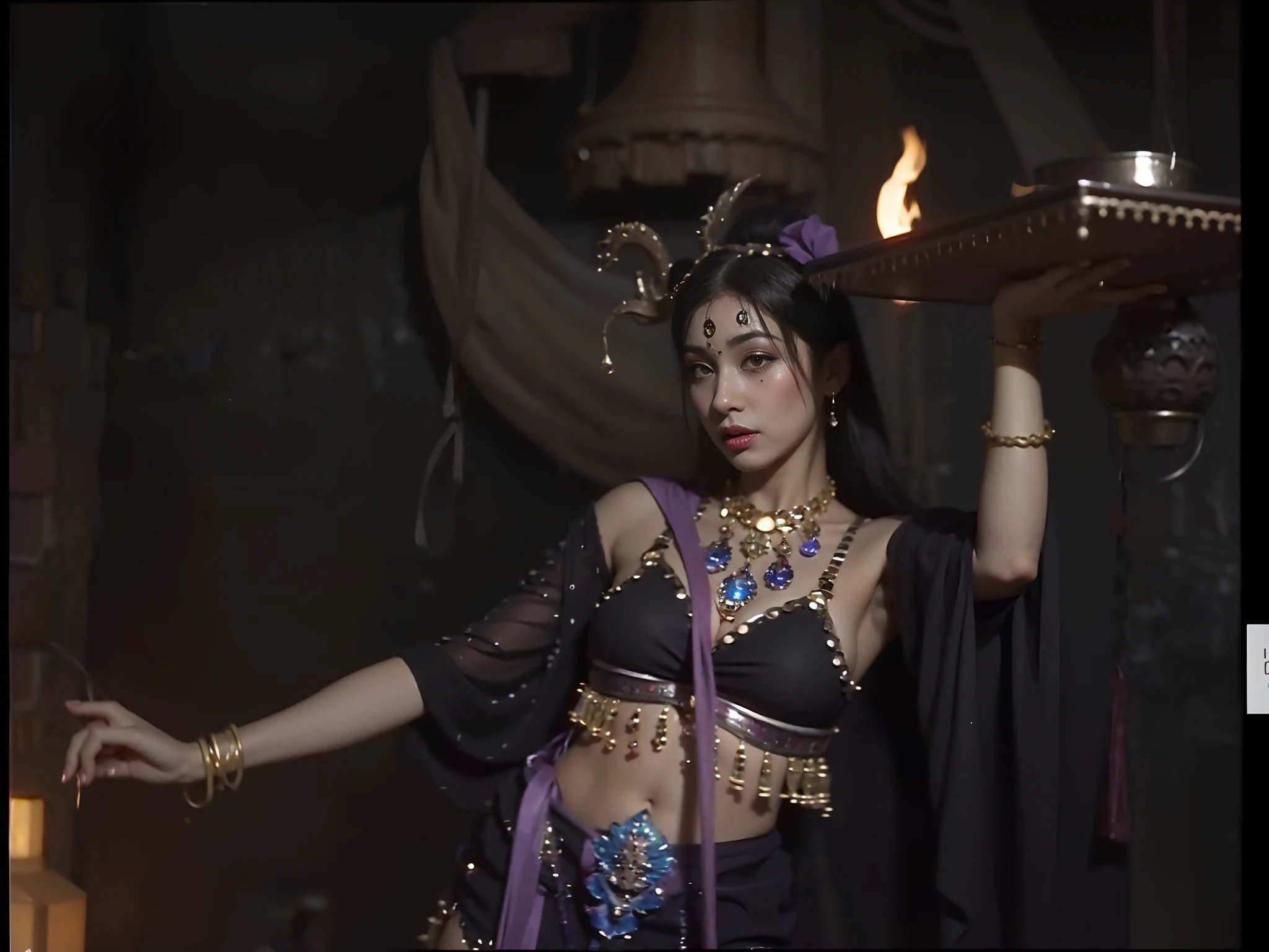 Arabi succubus in a belly dance costume holds a plate of wine jug in the cave, Naked all over the body, Big chest，very long fingernails，Facial Fascination，Hair twisted upwards on his cheeks，Lure men into sex and eat them，Li Tang hairstyle，heavy  makeups，Feminine and charming,, 《Journey》The scene unfolds beneath a , she is dressed as a belly dancer, fantasy movie still, Underworld dancer, the sorceress casting a fireball
