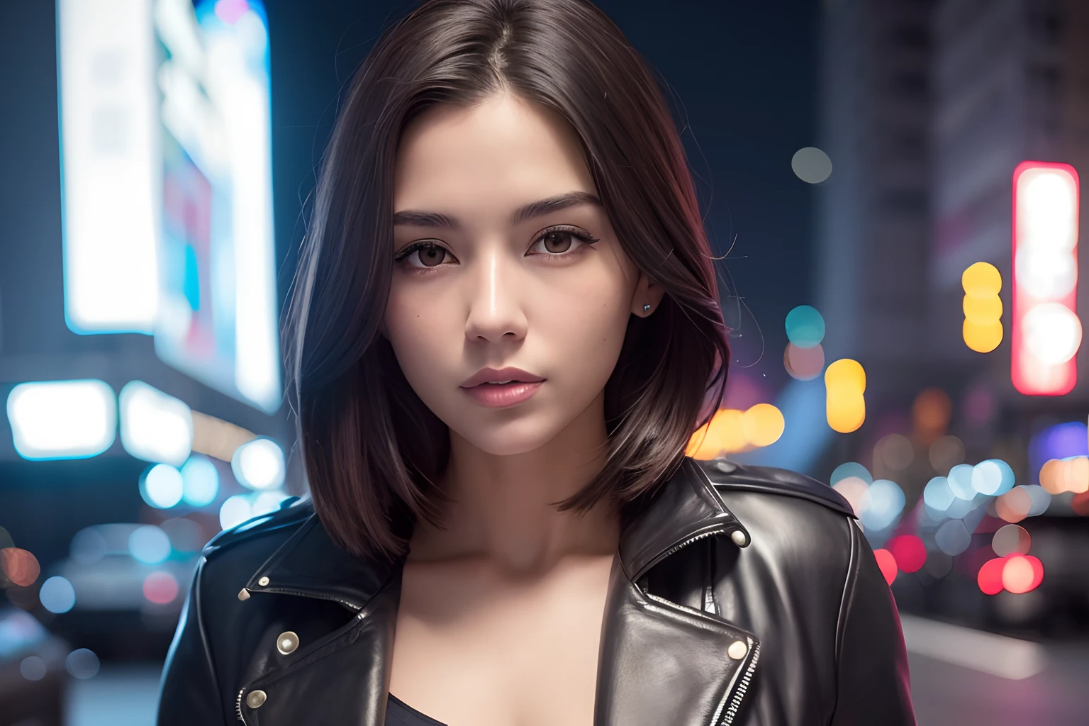 Portrait of anjo as a beautiful female model, georgia fowler, beautiful face, with short dark brown hair, in cyberpunk city at night. She is wearing a leather jacket, black jeans, dramatic lighting, (police badge:1.2)