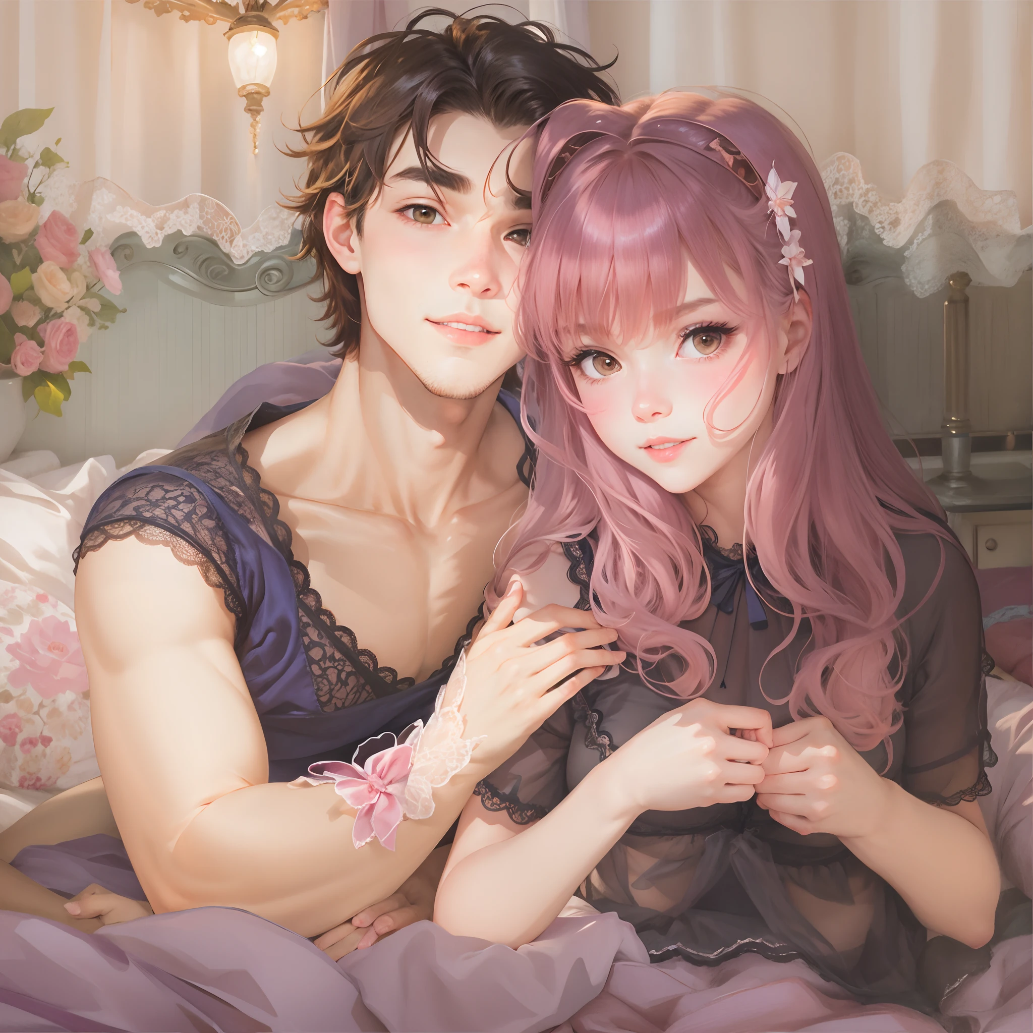 at bedroom, 1boy and 1girl, Looking at Viewer, Seated couple, Atmosphere of love, lingerie, blush,