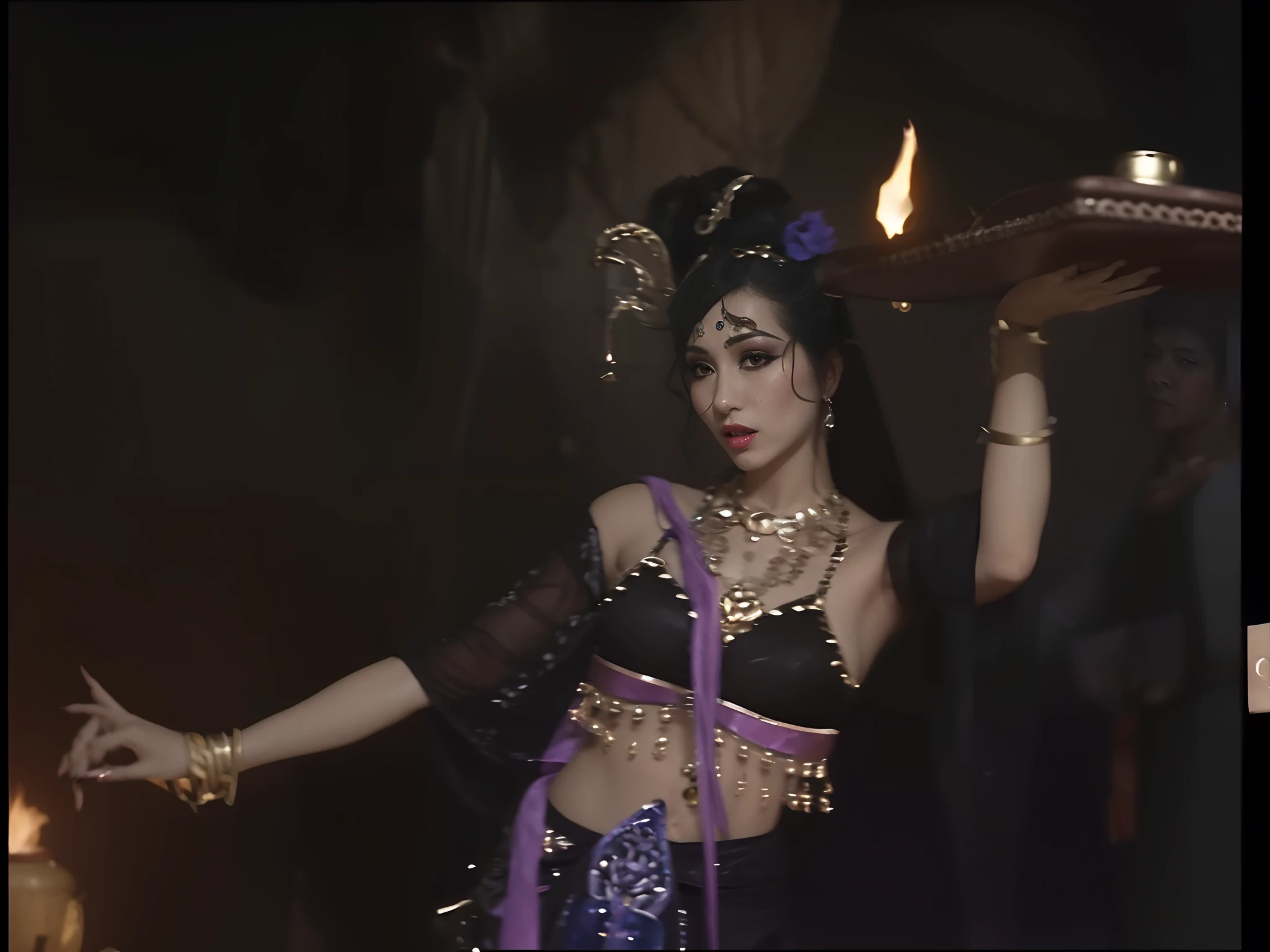 Arabi succubus in a belly dance costume holds a plate of wine jug in the cave, Naked all over the body, Big chest,very long fingernails,Facial Fascination,Crooked hair on his cheeks,Lure men into sex and eat them,Li Tang hairstyle,heavy makeups,Feminine and charming,, 《Journey》The scene unfolds beneath a , she is dressed as a belly dancer, fantasy movie still, Underworld dancer, the sorceress casting a fireball