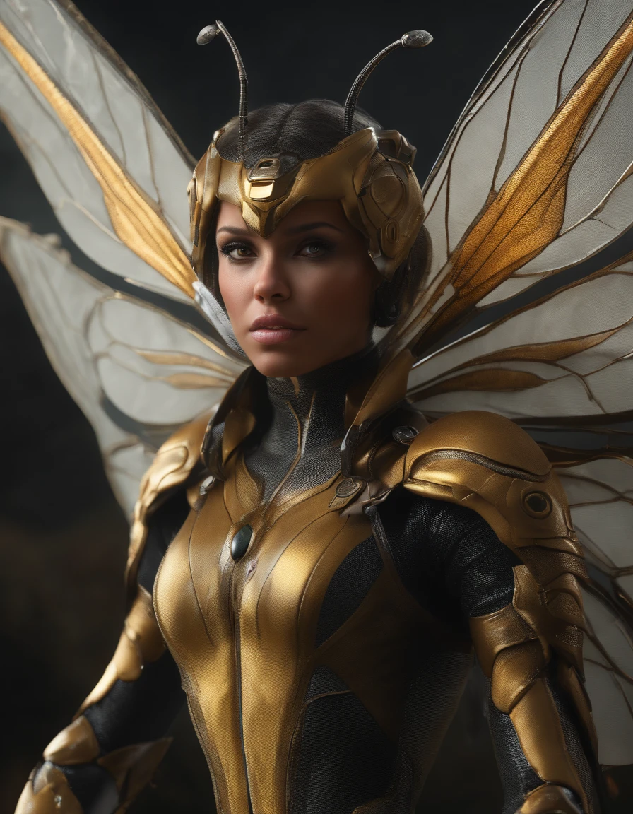 (best quality,4k,8k,highres,masterpiece:1.2),ultra-detailed,(realistic,photorealistic,photo-realistic:1.37),female,insectoid,anthropomorphic,bee,4 arms,beautiful,detailed eyes,beautiful,detailed lips,extremely detailed eyes and face,long eyelashes,2 rapiers,bee-like wings,swarming insects,fierce,sharp,female warrior,futuristic,fantasy,fierce pose,naturalistic colors,strong backlighting