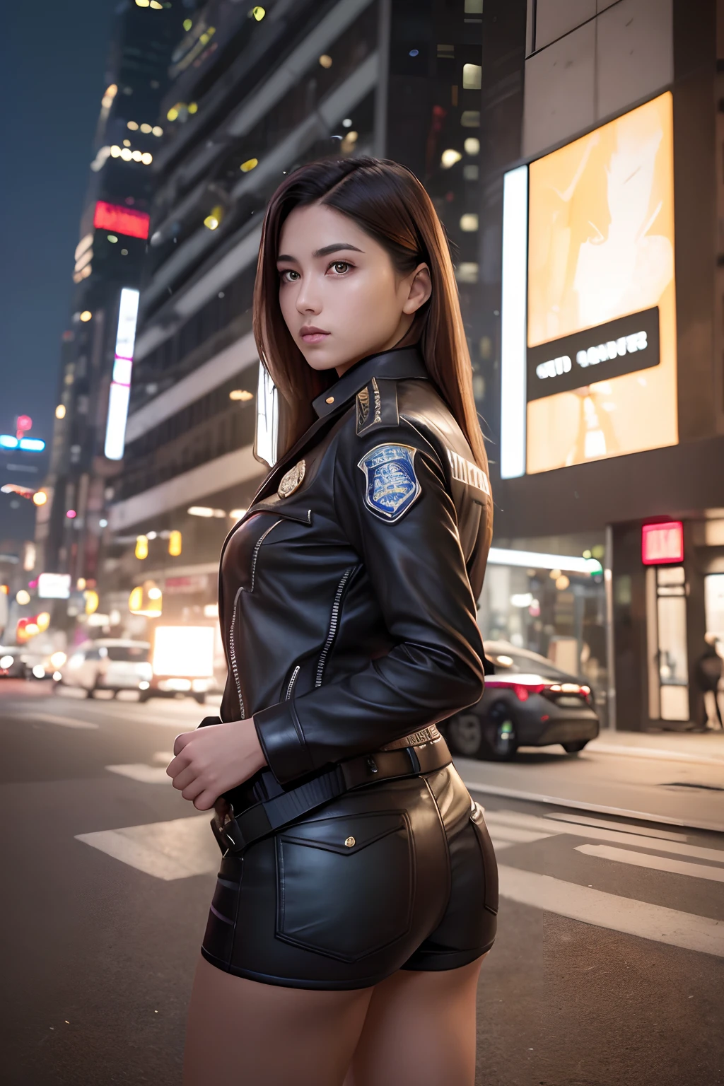 Best Quality, masuter piece, 超A high resolution, (Photorealistic:1.4), Raw photo, Professional Lighting, high-level image quality, high-detail, masterpiece、、in cyberpunk city at night、beautiful female model、Georgia Fowler、Portrait of Anjo as a beautiful face with short dark brown hair。She wears a leather jacket、Black jeans、Wearing dramatic lighting(police badge:1.2)