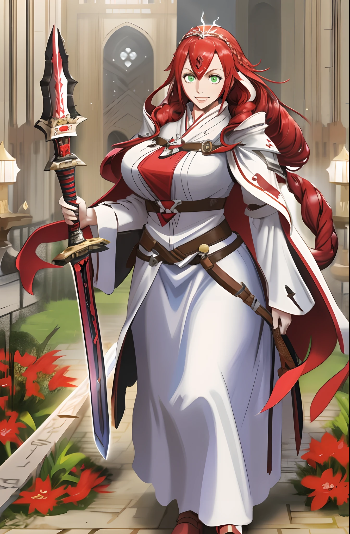 tsubaki yayoioi , blazblue, red hair, green eyes, long hair, tall female, warrior, sword, medieval, twin braids, priestess, holy, holy helmet, medium breasts, yellow cape, stylised helmet, light smile, full body, gold,european cloths, medieval , england, full body, christian, walking, solo focus, holding weapon, long skirt