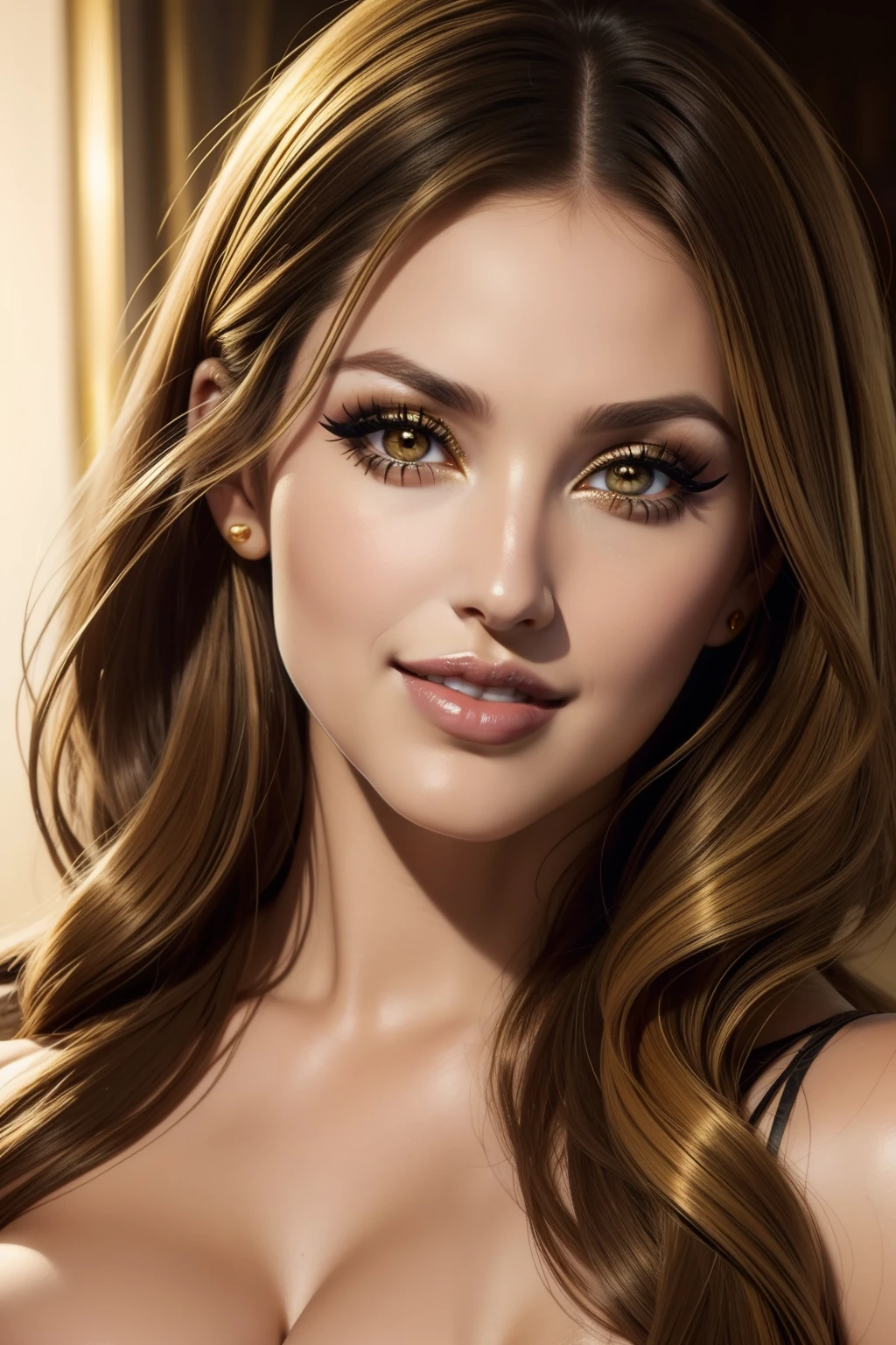 Lucy Pinder, Face portrait, Beautiful face, smiling, ((intense makeup)), ((Golden lipstick)), Melora hardin, back