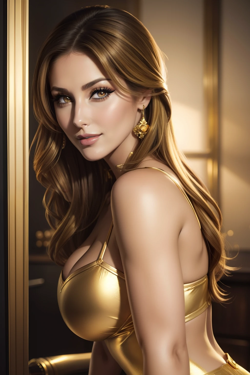 Lucy Pinder, Face portrait, Beautiful face, smiling, ((intense makeup)), ((Golden lipstick)), Melora hardin, back