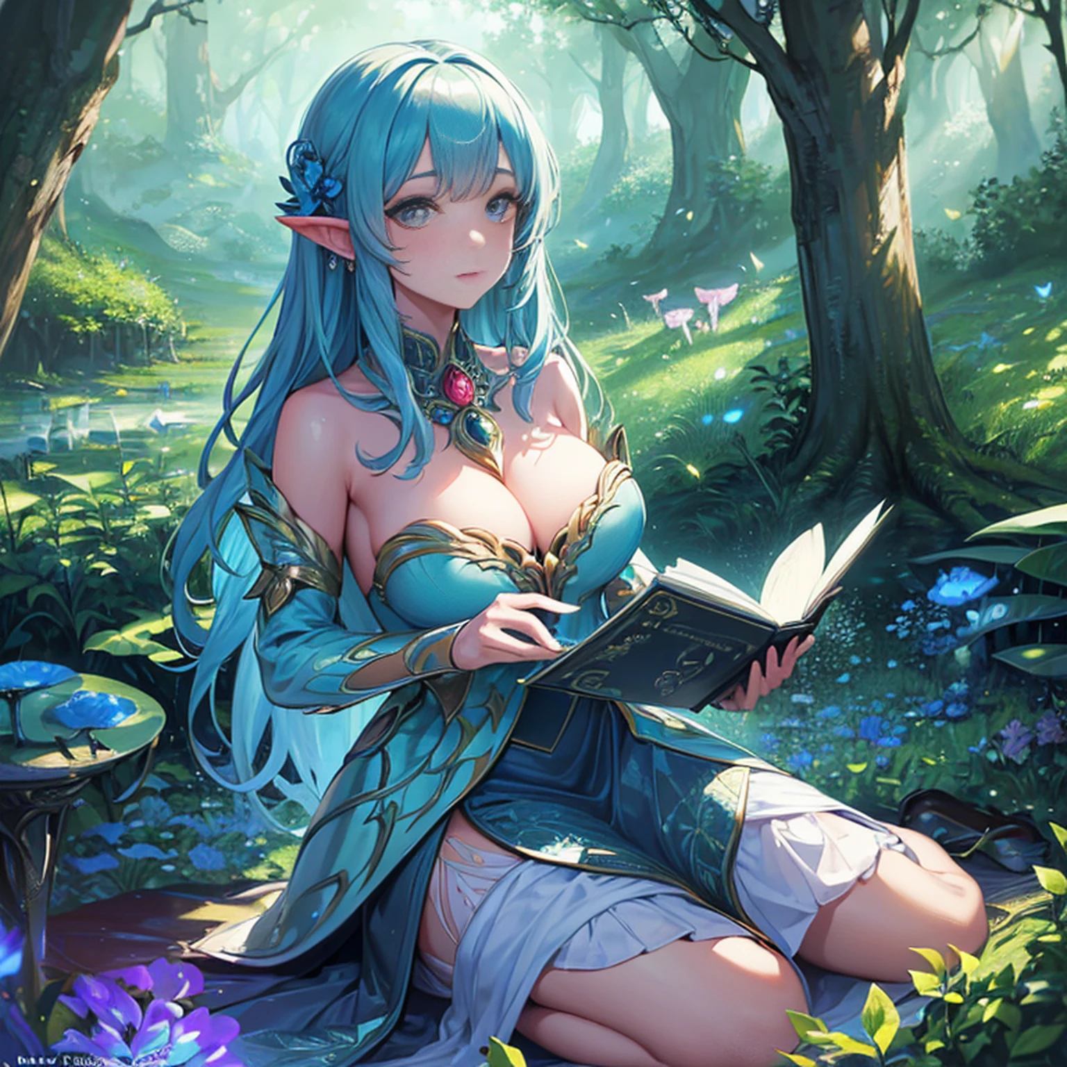 ((best quality)), ((masterpiece)), (detailed), highly detailed skin, ((ultra-detailed)), (sitting), sharp focus, HDR, 8K resolution, (illustration), (beautiful detailed eyes), (good hands), 1girl, fantasy, fairy tale, enchanted forest, (magical creatures:1.3), (ethereal atmosphere:1.4), (bright flowers:1.2), (mushrooms:1.1),
(moss:1.1), (butterfly:1.2), (brightness:1.3), (long hair:1.2), (flowing dress:1.3), (forest animals:1.1), (detailed background:1.4), (fancy lighting:1.4), (extravagant sensation:1.3), (storybook style:1.2), [girl:enchanted forest:0.9], [magical creatures:extravagant sensation:0.8], [glow: bright flowers:0.7], [butterfly:mushrooms:0.6]