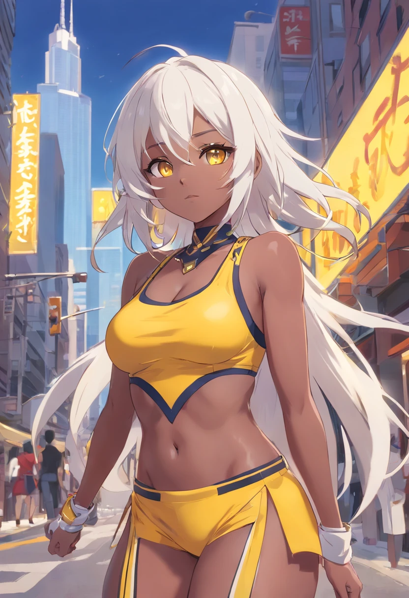 Triumphant, Dark-skinned Arab woman with white hair, white eyebrows, yellow eyes, large breasts, shortstack, strong, athletic, fit, white hair tied with a yellow ribbon. Wears yellow and black motorcycle outfit, lots of gold jewelry and navel piercing. She is standing on a street in Chicago.