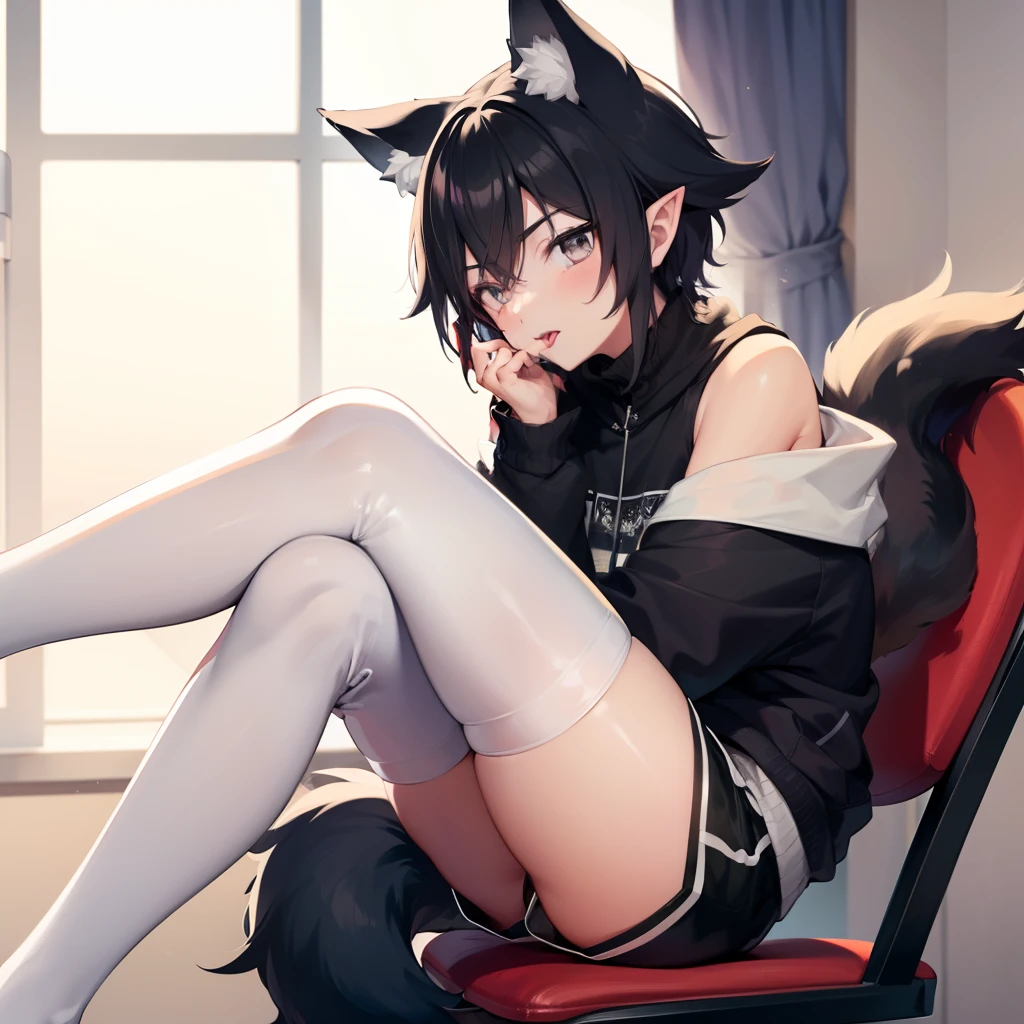 masterpiece, best quality, anime, Sora, ((Boy)), cute, Turtleneck with white stripes, Hoodie off-shoulder,. Sideview, ((Red and Grey eyes)), ((Black Wolf tail and ears)), ((Really fluffy tail)) Cute expression, Black and white Sport-Shorts with Thigh Highs, tongue sticking out, sitting on a chair with legs crossed