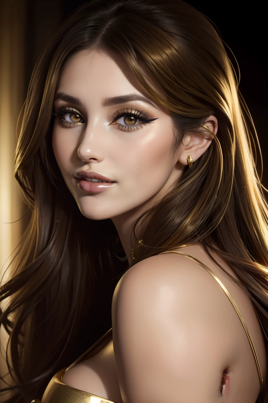 lucy pinder, face portrait, beautiful face, intense makeup, ((gold lipstick)) smiling
