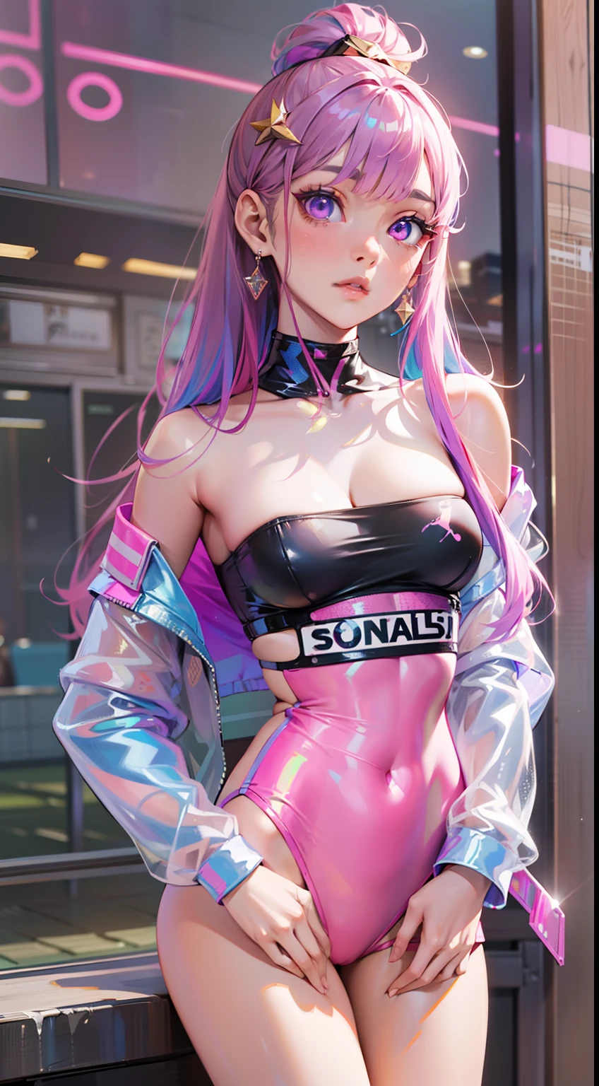 ((Masterpiece)), best quality, absurderes, ultra detailed, holographic, cowboy shot, golden ratio, super cute girl, mature girl, idol girl, super beautiful asian girl with very beautiful violet glowing eyes, beautiful glowing brown multicolored hair, high ponytail, nice and sexy body, slim body, perfect body, wearing a super tight anime printed leotard, an anime printed super tight off shoulder long sleeve crop top, a super aesthetic transparent mini jacket, beautiful hair ornament, pink jordan tennis, being photographed in a mall shop,