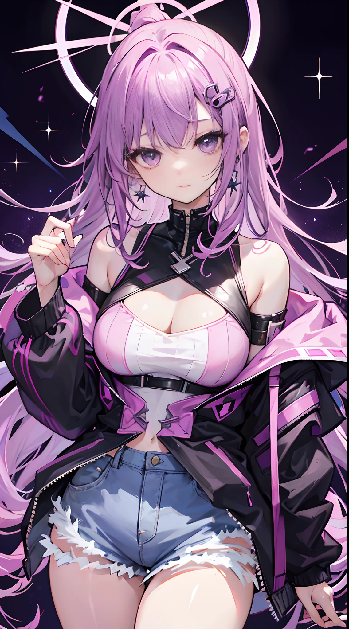 Light purple slightly curly long hair,Medium dispersion of messy hair curtains,Star ring hair ornament,Crystal purple eyes,Cross earrings,expressiveless,A look of determination,Micro makeup,Black fishing net jacket,Long pink off-the-shoulder sleeves,Pink denim shorts,tall girl,Double dango hair style,cyber punk perssonage,Video game style,A sense of future technology,