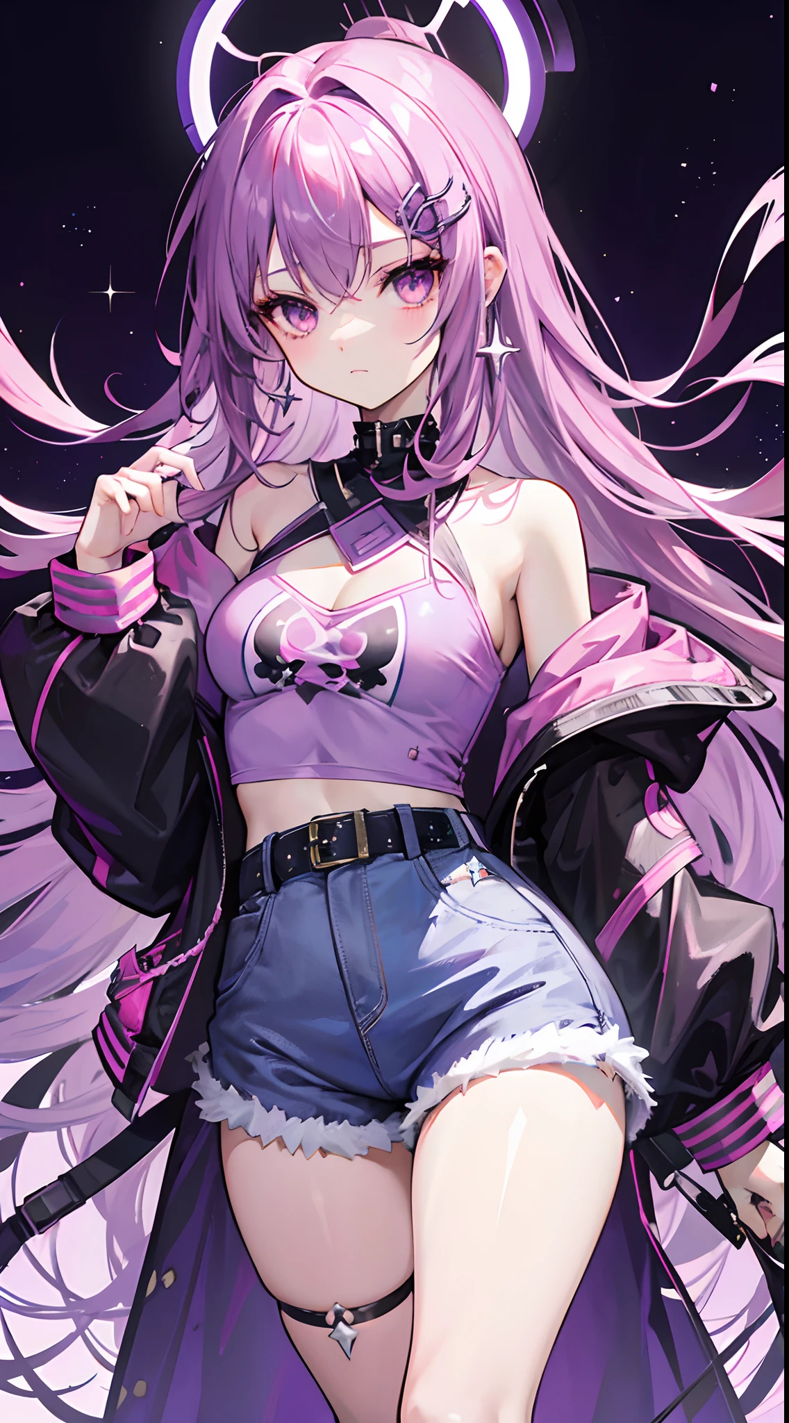 Light purple slightly curly long hair，Medium diffused tousled tresses，Star ring hair accessories，Crystal purple eyes，carefree cross earrings，A firm expression with slight makeup，Black fishnet jacket，Long pink off-the-shoulder sleeves，Pink denim shorts，Tall girl，Double pill hair style，cyber punk personage，video game style，A sense of future technology，