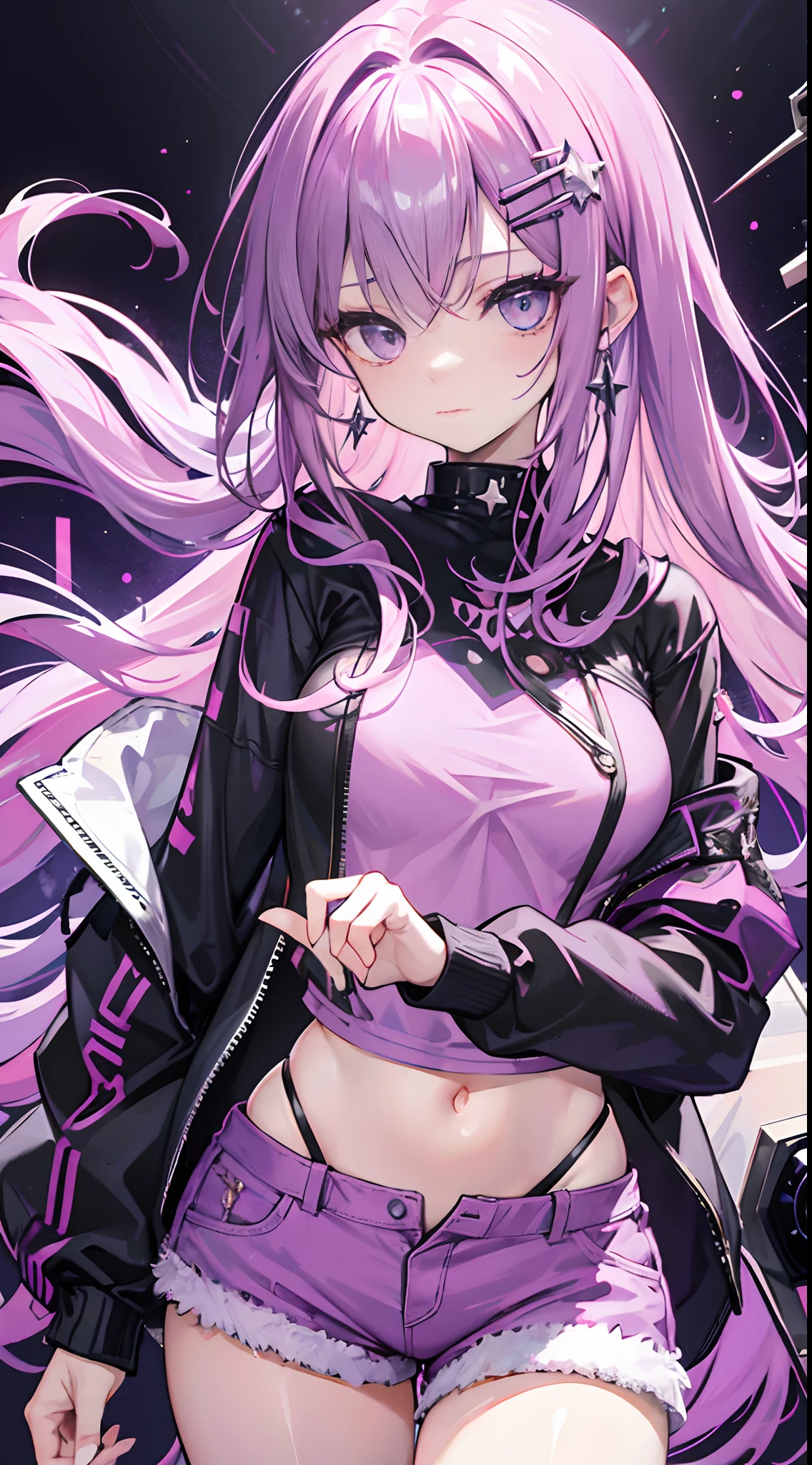 Light purple slightly curly long hair，Medium dispersion of messy hair curtains，Star ring hair ornament，Crystal purple eyes，Cross earrings，expressiveless，A look of determination，Micro makeup，Black fishing net jacket，Long pink off-the-shoulder sleeves，Pink denim shorts，tall girl，Double dango hair style，cyber punk perssonage，Video game style，A sense of future technology，