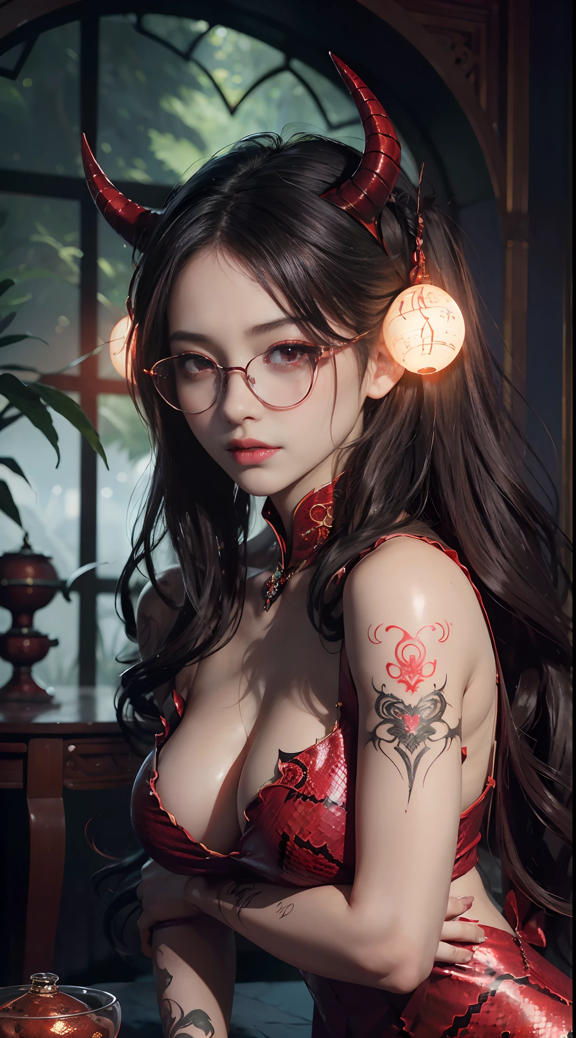 Fine、(The best illustrations)、8k UHD resolution、intricate-detail、top-quality、realisitic、ultra-detailliert、The best lighting、Best Shadows、Soft lighting、Ulutra HD、1 beautiful devil woman from hell, surreal female portraits by David Hockney and Alphonse Mucha, Portrait of a seductive woman、Fantasy Art, Chinese Doll、Dungeon、The dragon、Devil's Palace、Devil's Torture Chamber、magia、 Evil Nun、Dark Necromancer、natta、Dark style、Succubus、Devil's Daughter、Umi Shinonome、Bat Wings,(((Demon Horns)))、((((black-rimmed round glasses))))、(((Colossal tits)))、(Devil's Tail)、(red eyes glowing:1.6)、 intricate tattoos, demonic intricate tattoos, thigh tattoos, body tattoos, masterpiece、beautiful countenance、a 、Muscular seductive body、The enchanting body of the devil、Chinese actress、Seductive Black Magic Costume、(((A shiny red snake is wrapped around her body)))、Tindall Effect、photos realistic、(High Detail Skins:1.2)、 (Intricate details, makeup, pureerosface_v1:0.5), (Detailed beautiful delicate face, Detailed beautiful delicate eyes, A perfectly proportioned face, High detailed skin, Detailed skin, best ratio four finger and one thumb, arms below breasts, Tattoo with a red glow under the stomach、Awesome awesome, wide hips, smooth midriff, skiny and thin, __Fashion__, __hair__:1.25)、Digital SLR、hightquality、a picture、hight resolution、 absurderes、Ponytail distortion、女の子1人、Red sparkling gemstone necklace、jewely、Beautiful expression、Body Up、Large breasts emphasis、Toned waist、Wide buttocks、Devil's Tail、intricate tattoos, demonic intricate tattoos, thigh tattoos, body tattoos, effect、Photorealsitic、(High Detail Skins:1.2)、In the Dark, lowkey, cowboy lens, (red phoenix dress: 1.0), Seductive Black Magic Costume、Long hair, Black hair, Bust, Devil's Palace, devil crown, red eyes make up very sharp and detailed, The most beautiful face, Super tight breasts, Breast augmentation surgery, The breasts are very big and round and round, Black magic costume、Super realistic , Charming smile,a baby face、 The eyes