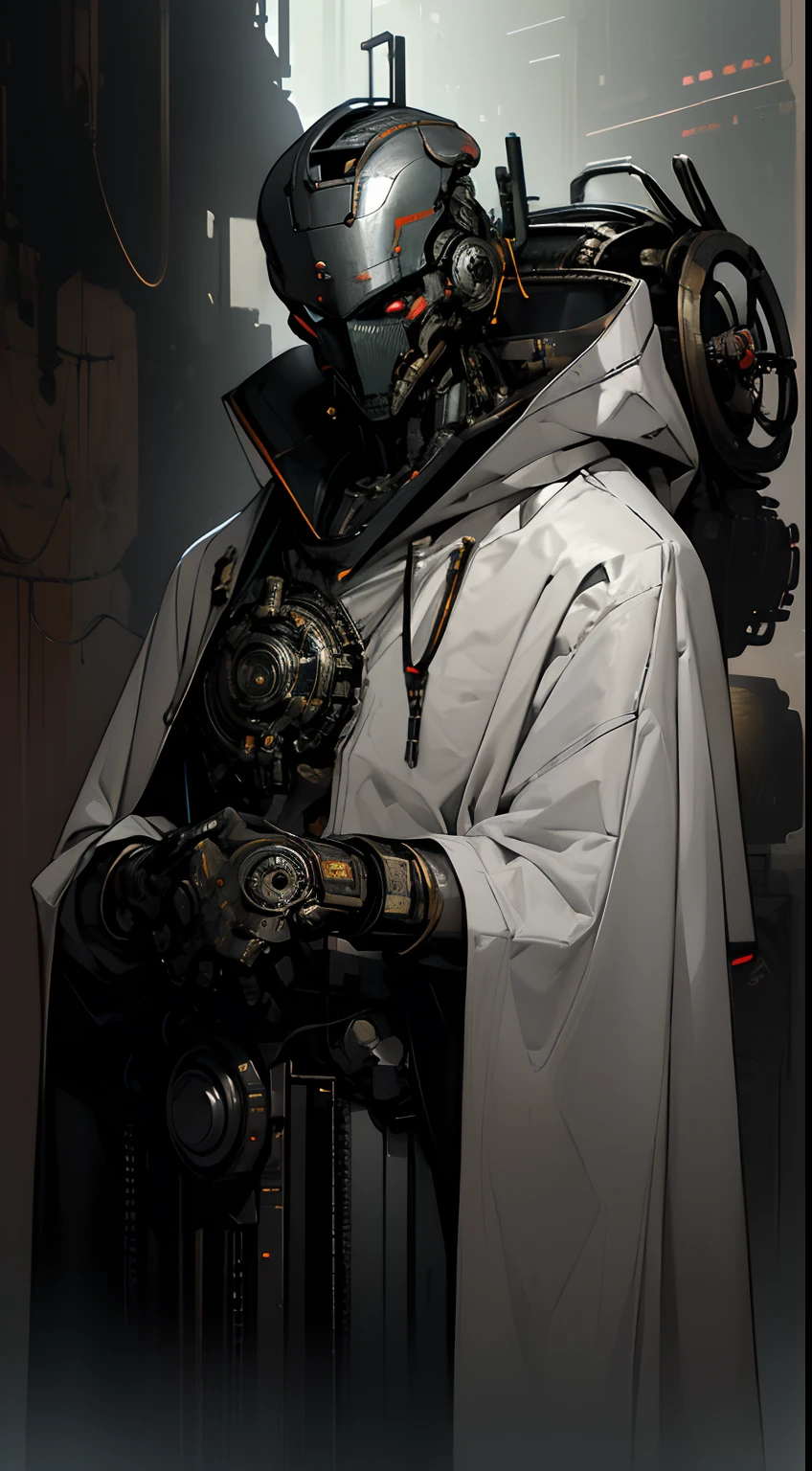 robot, cyborg,((The face is humanoid)),Shiny metal skin,Mechanical body parts,Mechanical gears and gears, (devoid of mouth), [Meticulous, Surgical precision],Cyberpunk style background,Science fiction art style,Vibrant colors,High-res,Ultra-detailed,Realistic lighting effects,Bokeh, wearing white robes and cloak, divine pose, two bright eyes,