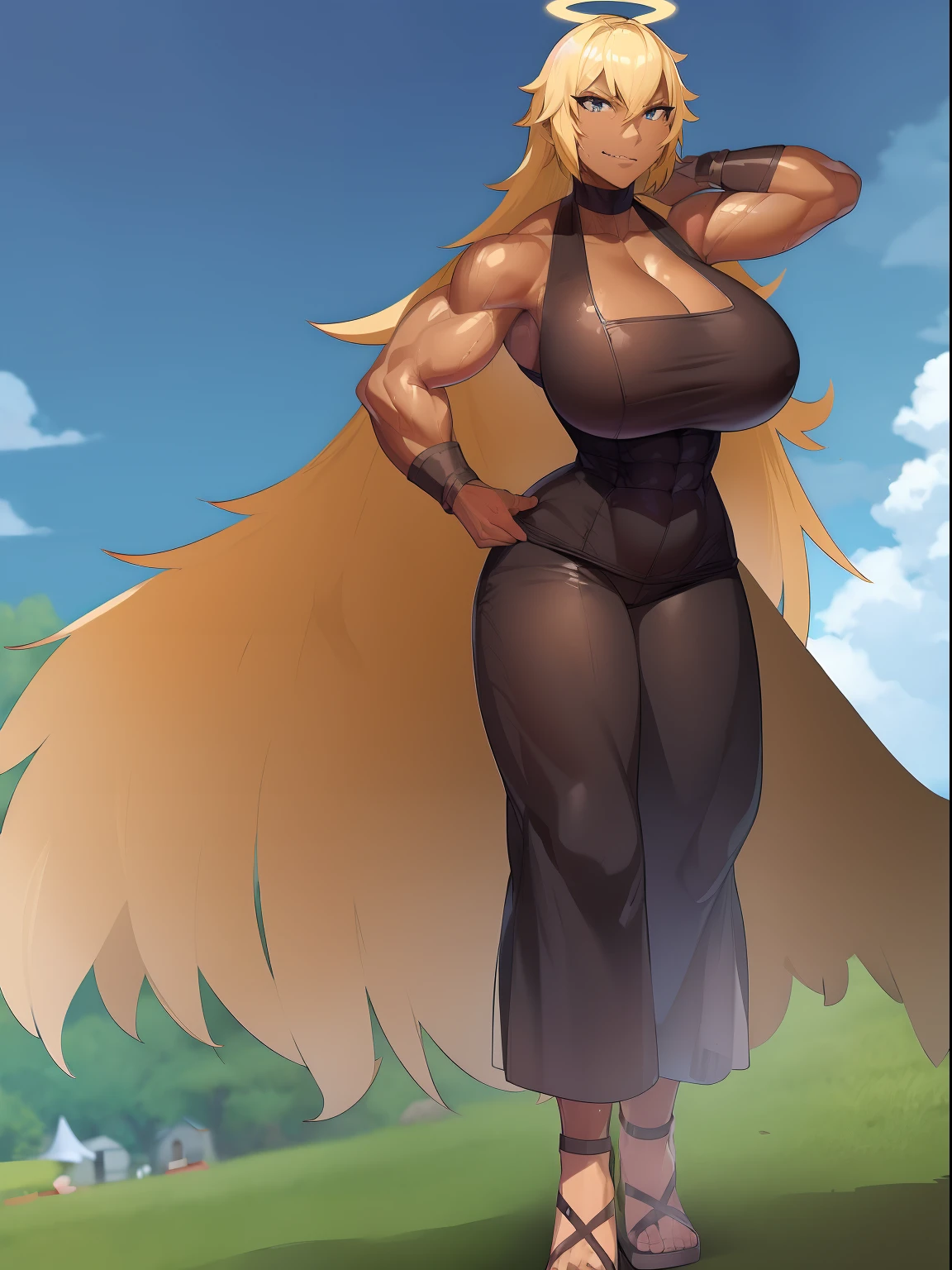 Muscle girl, dark-skinned woman, big chest, wings, happy,, coat jacket, pants, portrait, 1character, full body, walking, long dress, medieval, village, farm, angel halo, forest,flipflops,blond hair