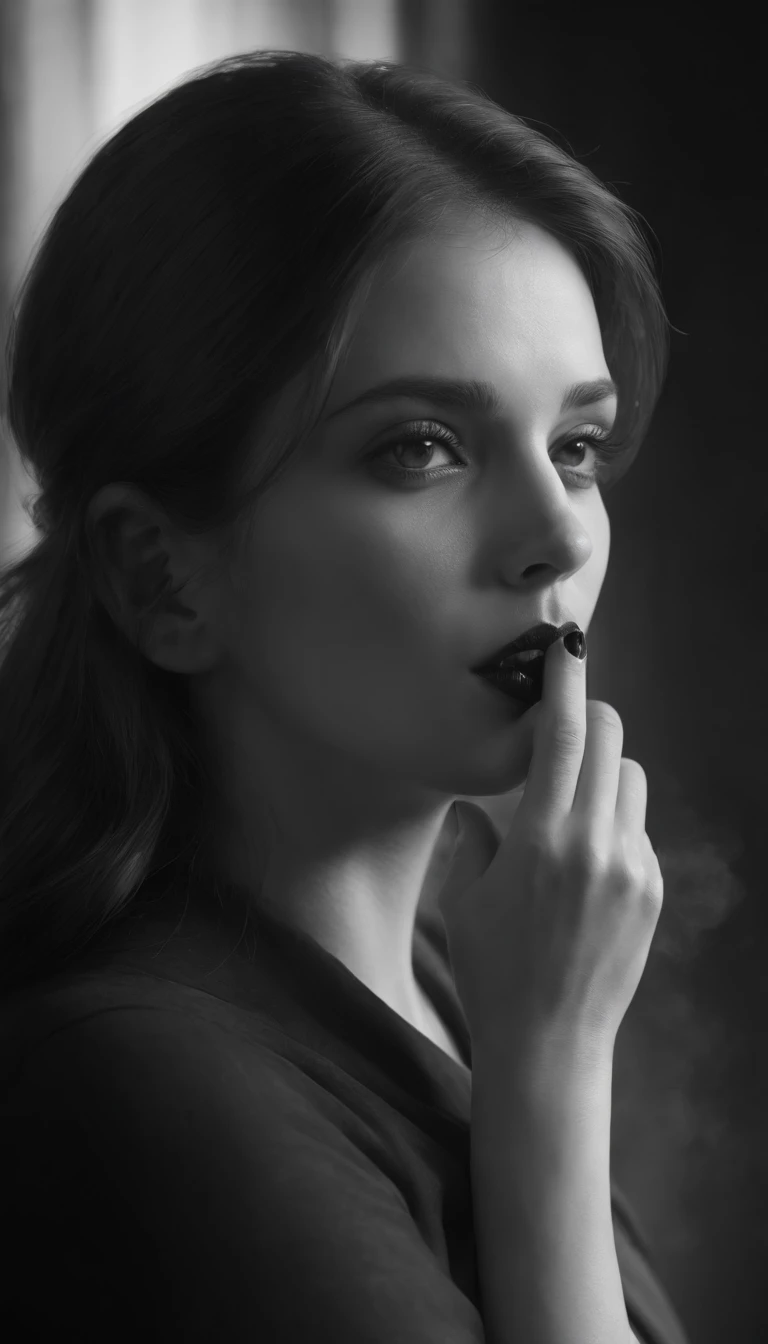 (((Combination of Graphite Art and (((Noir Line Art)))))) by Sabbas Apterus and Nicolas Delort, portraying the destrutiveness of ((((Silence)))), (((Sideview Silhouette of a Female with her hand covering her mouth, rendering her silent))) arranged as multiple exposure composition, With soothing elements of splatter to accentuate the depth of the composition, creating an emphasis on emotions such as desperation, despair, helplessness, intricate details, volumetric lighting and shading, poster, conceptual art, illustration, photorealistic details and shadows