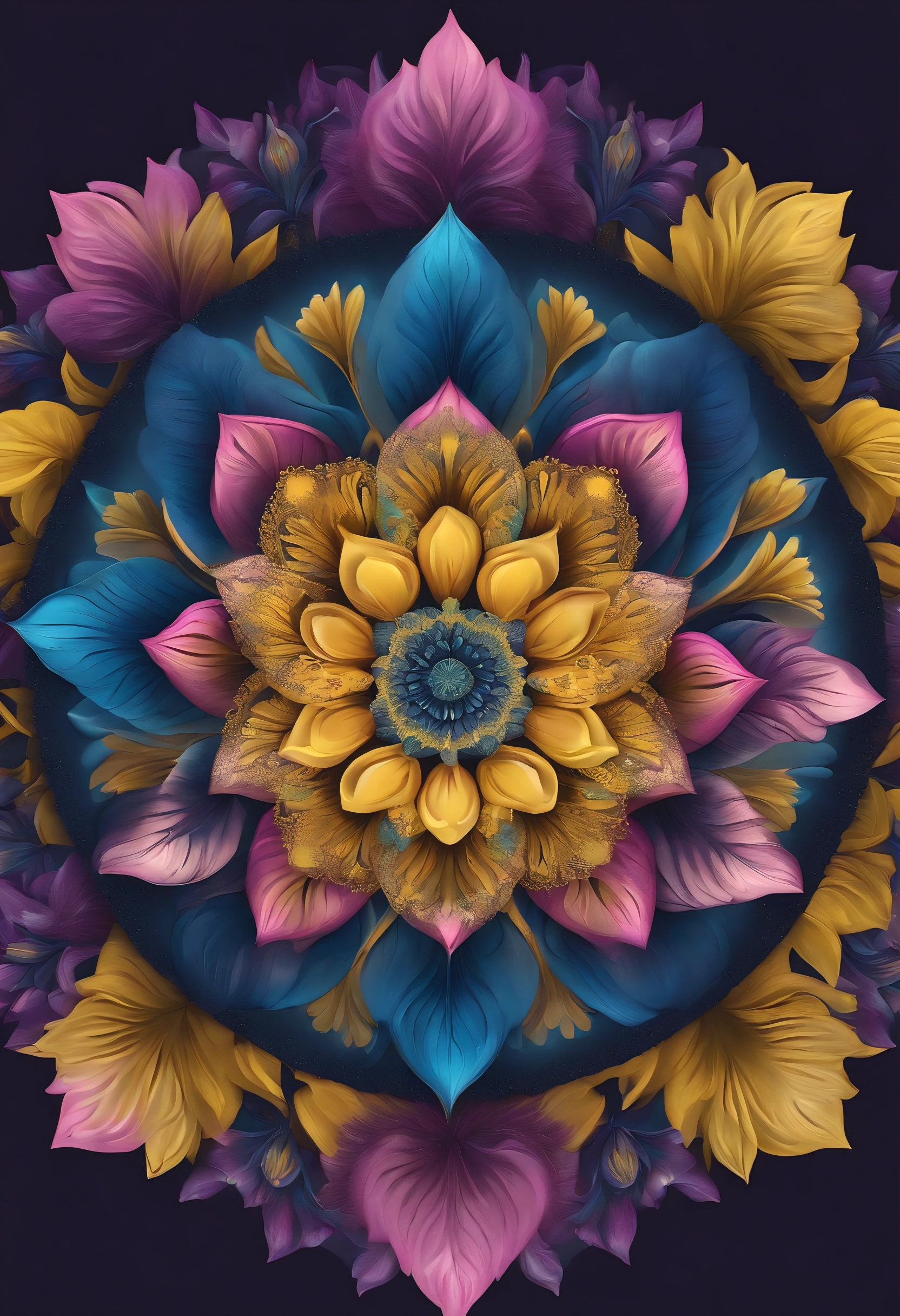 MANDALA WITH YELLOW BLUE AND PINK FLOWERS, SUPER REALISTIC IN 8K