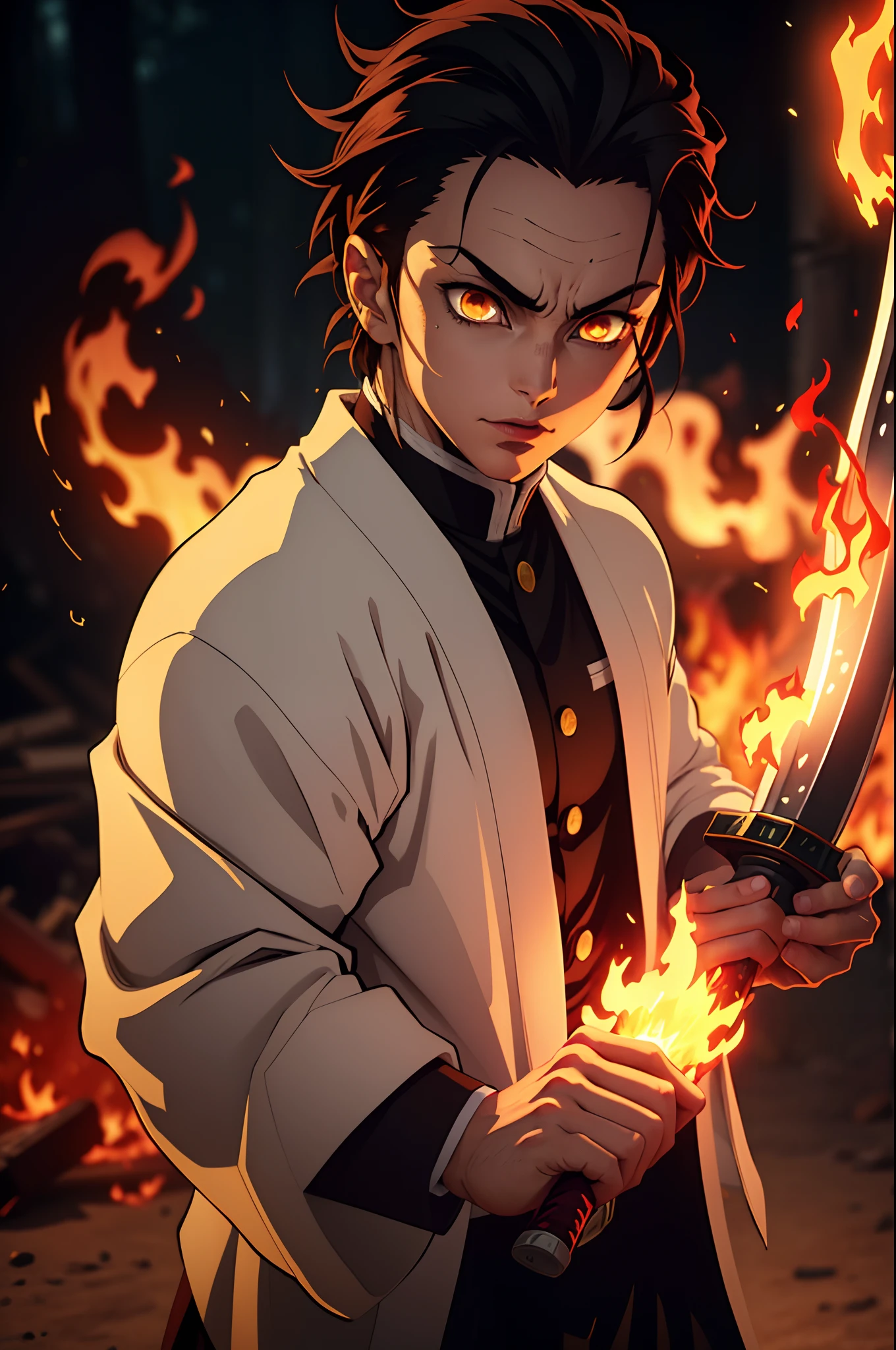 Anime man, ((intense eyes with dark yellow irises)), dark hair, medium-length hair, hair slicked back, The hair should be slightly messy, wearing a white haori, muscular physique, demon slayer art style, demon slayer clothes style, holding a katana, demon slayer fire breathing, visible fire, fiery aura, realistic fire, The flames should have a warm tone, glowing eyes, detailed eyes, detailed lips, bokeh, best quality, 4K, HDR.