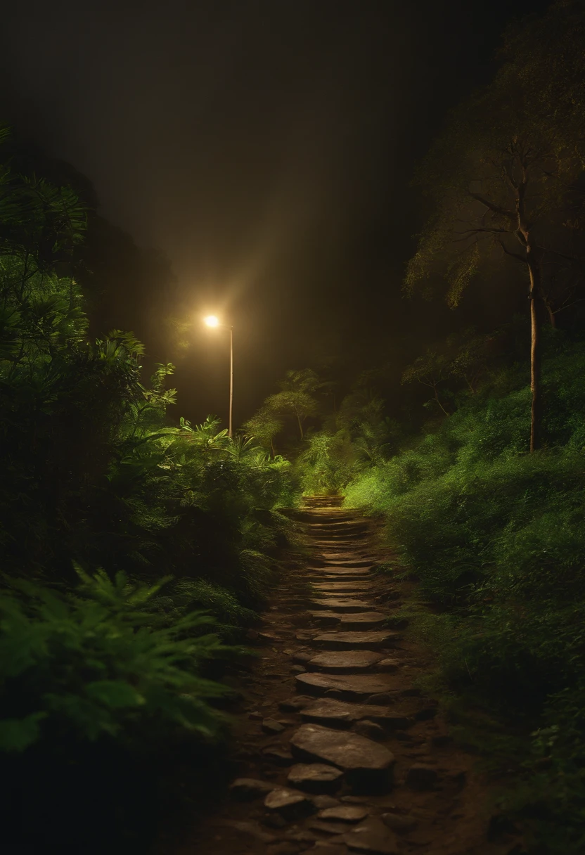 estrada escura a noite, com um foco de luz verde no centro, raos de luz, ray tracing, 8k, cinematic, panoramic view
