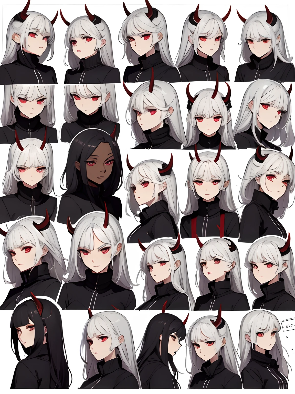 ((masterpiece)),(((best quality))),(character design sheet, same character, front, side), devil woman, horns, white hair, Albio, red eyes, long hair, wings, horns, annoyed, face only multiple expressions, separated