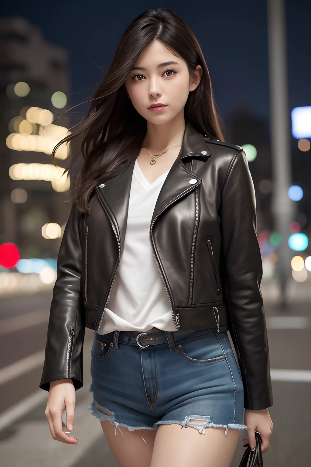 ((masterpiece)), ((best quality)), (ultra-detailed), ((sexy)), (ero), full body focus, laboratory, a pretty woman, solo, leather jacket, beautiful black hair, beautiful black eyes, ((beautiful eyes)), ponytail, triumphant look, smug look, self-satisfied look