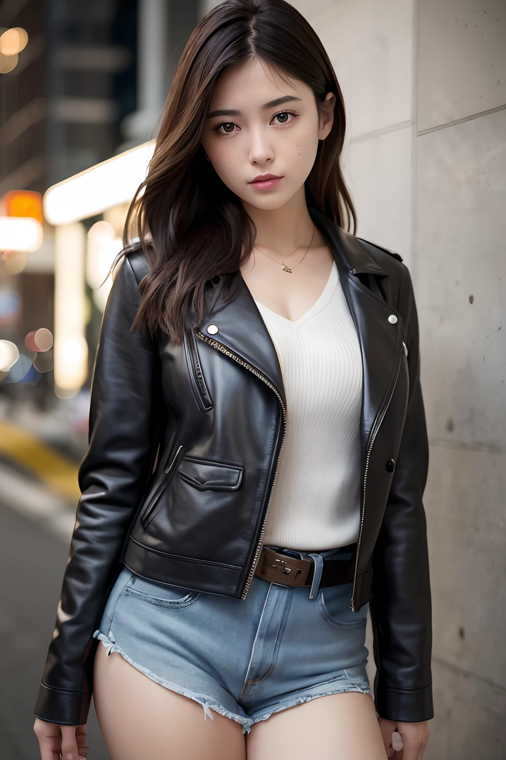 Best Quality, masuter piece, 超A high resolution, (Photorealistic:1.4), Raw photo, Professional Lighting, high-level image quality, high-detail, ​masterpiece、、New York City at night、beautiful female model、Georgia Fowler、Portrait of Anjo as a beautiful face with short dark brown hair。She is wearing a leather jacket、Black jeans、Wearing dramatic lighting(police badge:1.2)