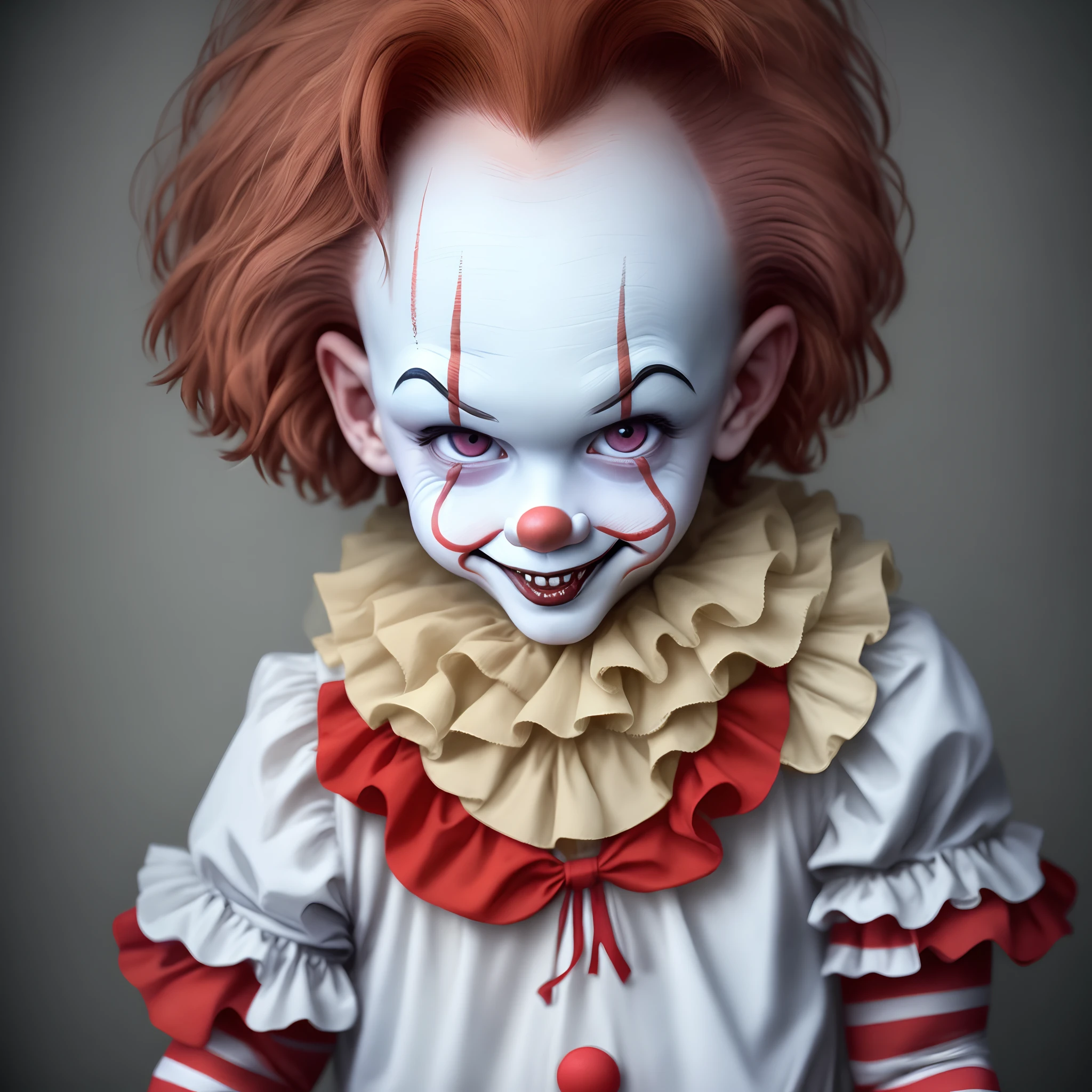 Create a clown with big hair filled all over his head in white and with a round red nose and red eyes with a red light and around the right eye spiral lines and with red Joker clothes and with golden lines.