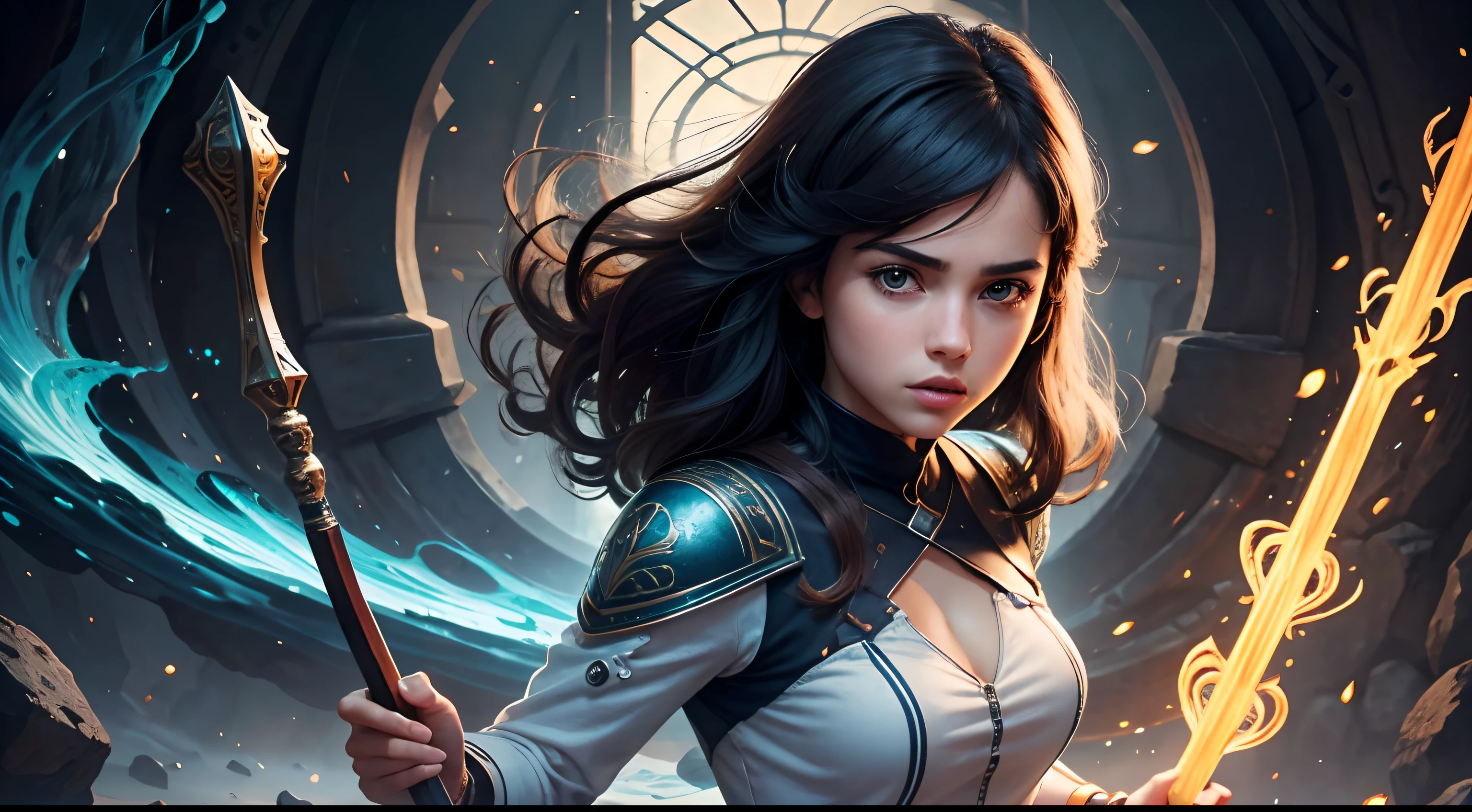 Gwen Tennyson,alta resolução,ultra-detalhado,Retratos,illustration,belos olhos detalhados,beautiful detailed lips,Cabelo Moreno,Sardas,fierce expression,menina forte,adolescente,estilo aventura,roupas casuais,holding magic staff,tiro de corpo inteiro,cores suaves,
