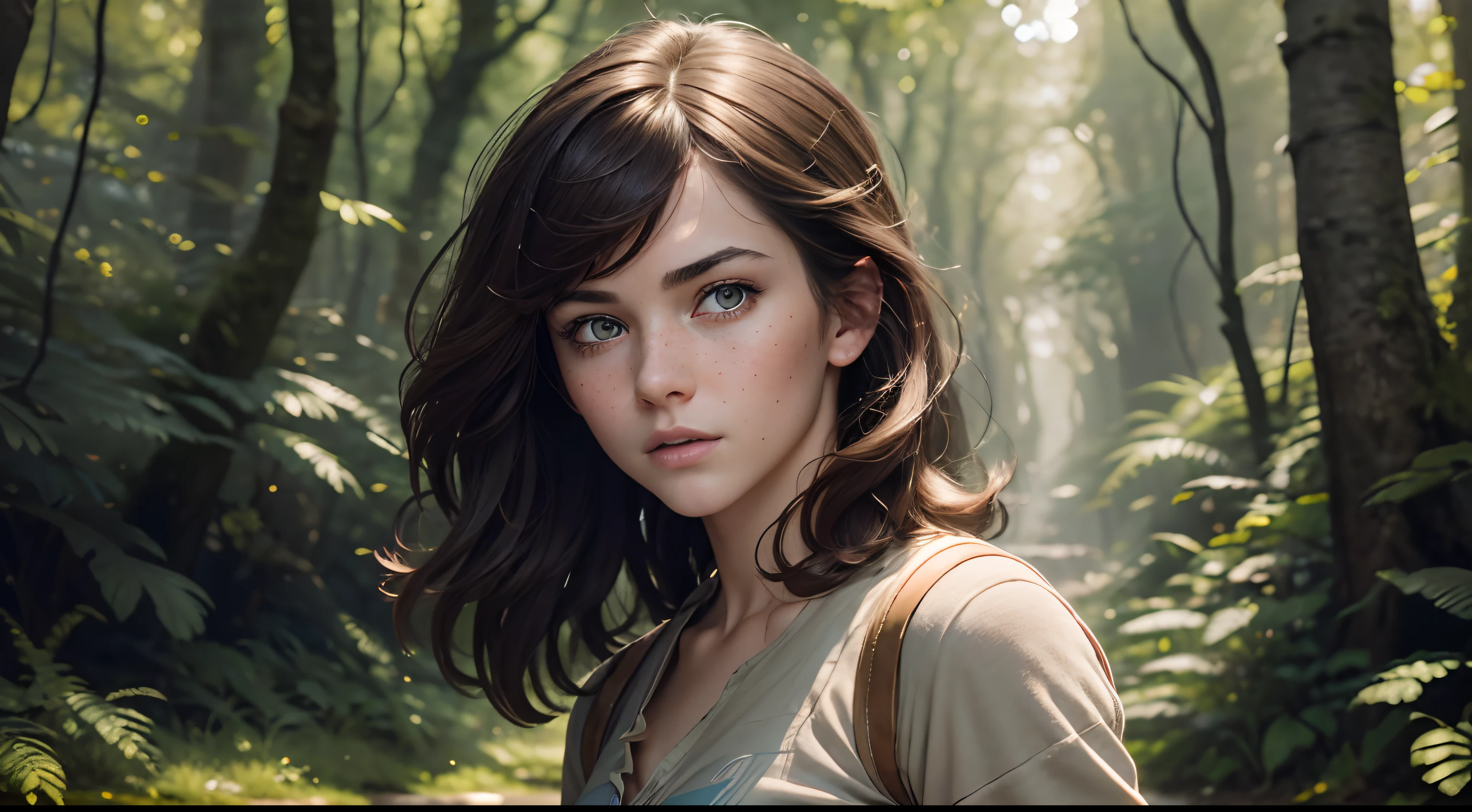 (best quality, masterpiece1.2), (detailed eye:1.2), intricate detail, depth of field, 20 years old girl, jungle, sunlight, (injury:1.2), crop top, (dark skin:1.5), twisted torso, backpack, outdoors, freckles, (sweat:1.2), standing, (looking away:1.3), blood, angry, embarrassed, curly hair, (from above:1.2), exploration,