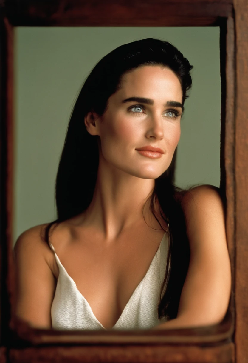 Jennifer Connelly, 18 years old, ((naked)) , side view. big cheeks, ((big breasts)), adolescent face, smiling, full body, head visible, pulled back hair, flowing hair, hair straightener, 80s hair style, color light 5000K
