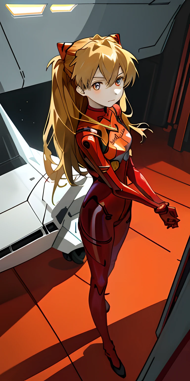 (Overhead view),dynamic angle,ultra-detailed, illustration, close-up, straight on, 1girl, 
 ((souryuu asuka langley, interface headset, red bodysuit:1.4, blonde)),Her eyes shone like dreamy stars,(glowing eyes:1.233),(beautiful and detailed eyes:1.1),(expressionless,closed mouth),(standing), 
(mechanic room with toolsand spaceship windowin a white SPACESHIP),
(night:1.2),dreamy, [[delicate fingers and hands:0.55]::0.85],(detail fingers),