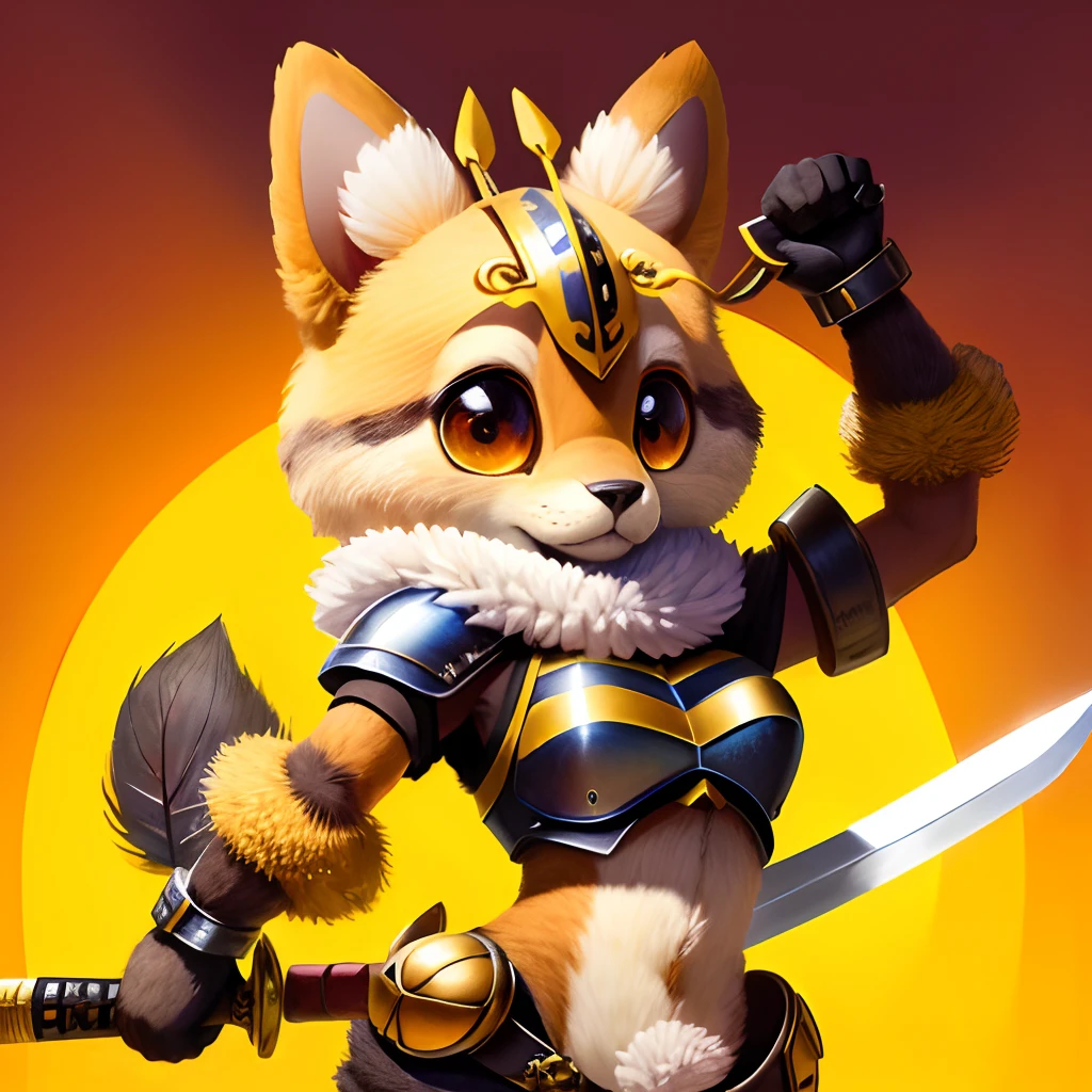 Cute fuzzy little anthro bee warrior with large eyes holding a sword.