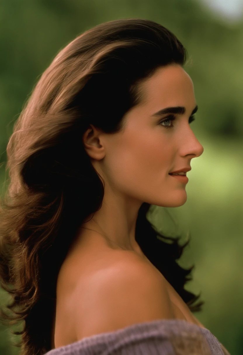 Jennifer Connelly, , ((naked)) , side view. big cheeks, ((big breasts)), adolescent face, smiling, full body, head visible, pulled back hair, flowing hair, hair straightener, 80s hair style, color light 5000K