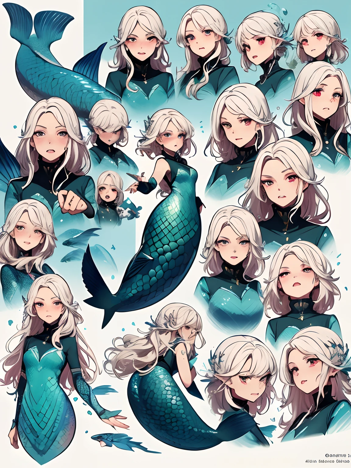 ((masterpiece)),(((best quality))),(character design sheet, same character, front, side), mermaid girl,white hair, Albio, red eyes, long hair, annoyed, face only, separated, gills, fins, scales, jewelry, sharp teeth, shouting, sparkling eyes, highly detailed, ((4 expressions)), water themed, ((scales)), blush on face, glossy lips, glossy skin,