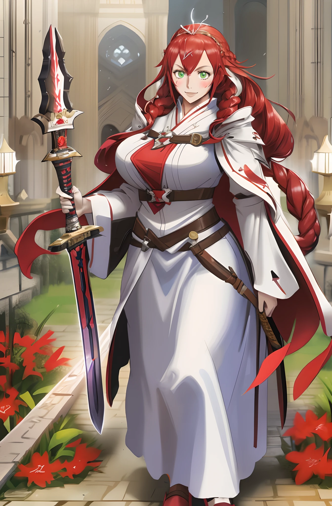 tsubaki yayoioi , blazblue, red hair, green eyes, long hair, tall female, warrior, sword, medieval, twin braids, priestess, holy, holy helmet, ??????????????, yellow cape, stylised helmet, light smile, full body, gold,european cloths, medieval , england, full body, christian, walking, solo focus, holding weapon