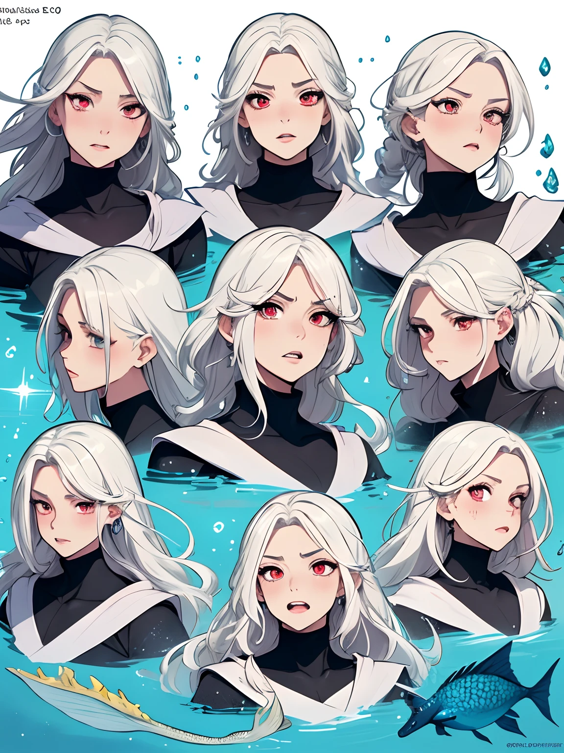 ((masterpiece)),(((best quality))),(character design sheet, same character, front, side), mermaid girl,white hair, Albio, red eyes, long hair, annoyed, face only, separated, gills, fins, scales, jewelry, sharp teeth, shouting, sparkling eyes, highly detailed, ((4 expressions)), water themed, ((scales)), blush on face, glossy lips, glossy skin,