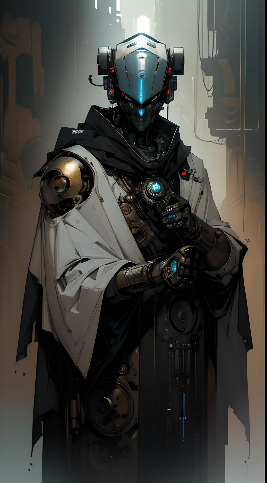 robot, cyborg,((The face is humanoid)),Shiny metal skin,Mechanical body parts,Mechanical gears and gears, (devoid of mouth), [Meticulous, Surgical precision],Cyberpunk style background,Science fiction art style,Vibrant colors,High-res,Ultra-detailed,Realistic lighting effects,Bokeh, wearing white robes and cloak, divine pose, two bright eyes,