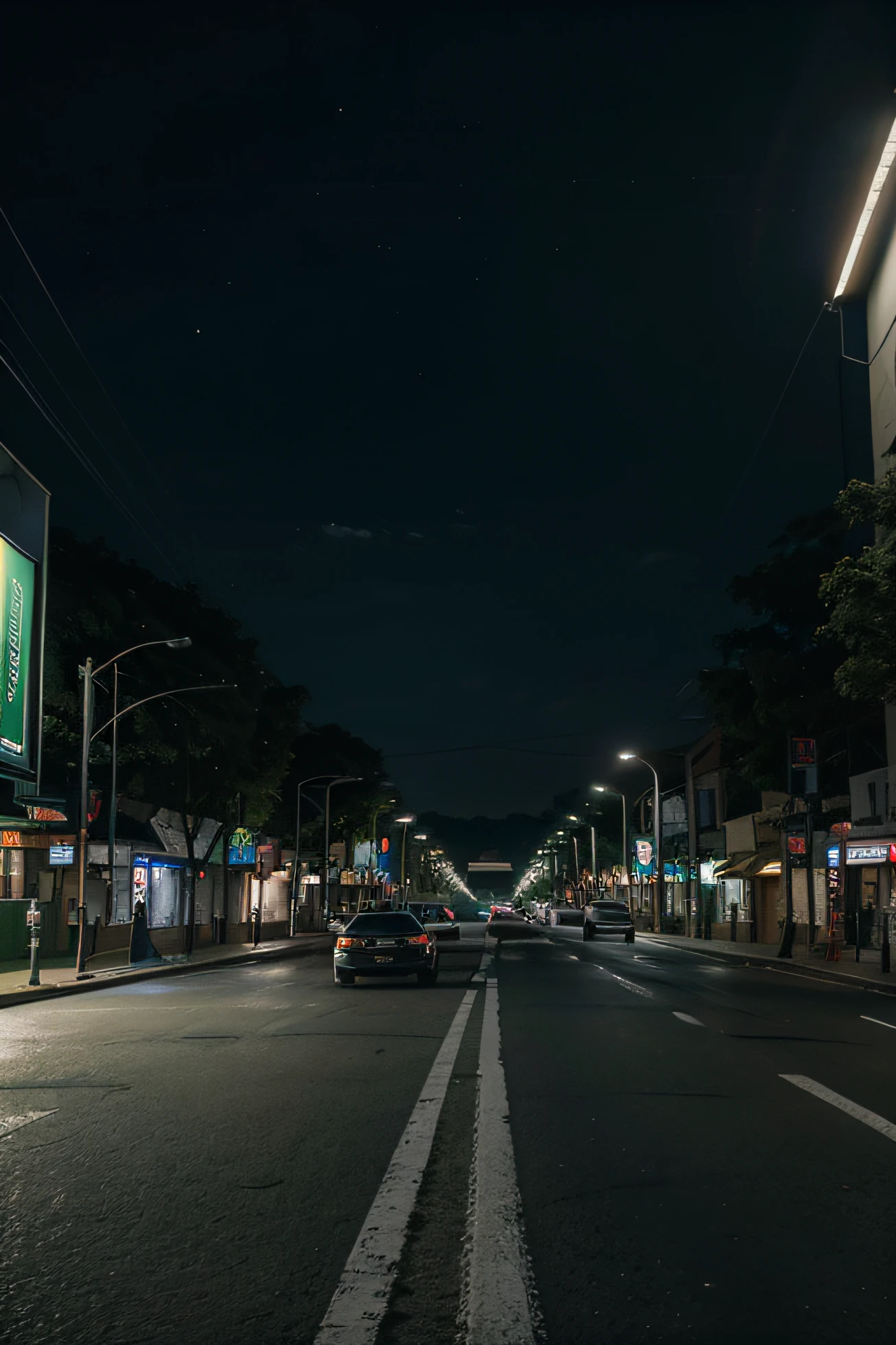 estrada escura a noite, com um foco de luz verde no centro, raos de luz, ray tracing, 8k, cinematic, panoramic view, With few cars and buildings in the background