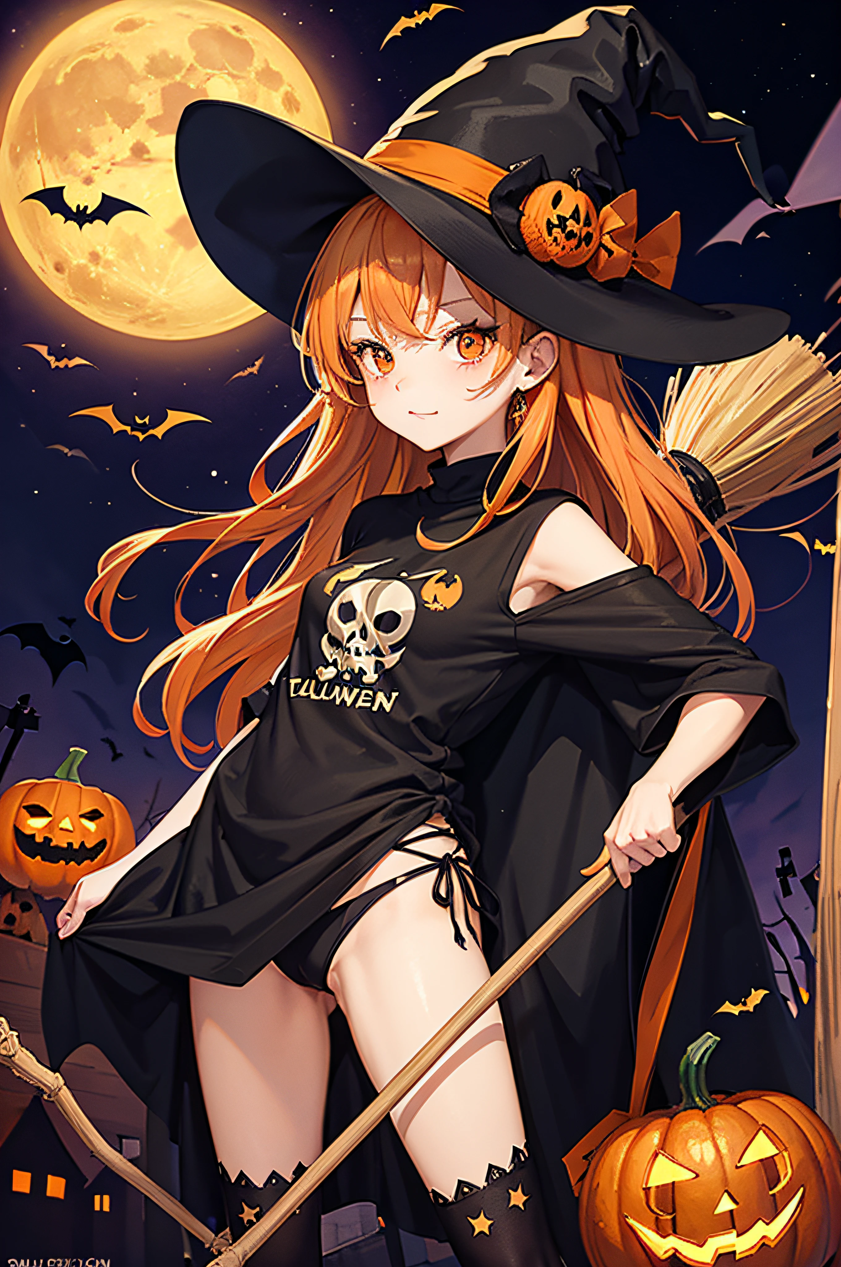 Halloween t-shirt logo sticker with pumpkin, skull, witch, moon, bats, broom, orange theme