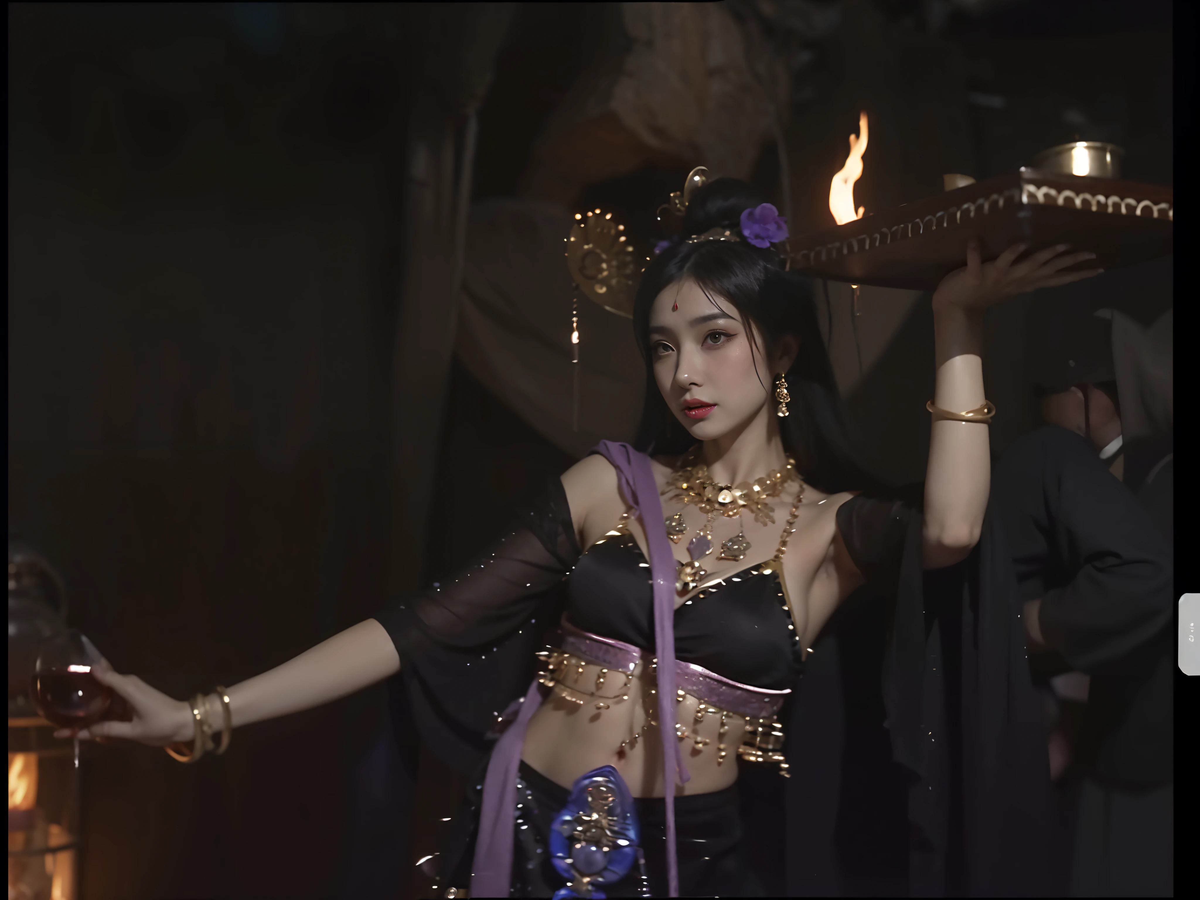 A Chinese succubus in a belly dance costume holds a plate of wine jug in a cave, Naked all over the body, Big chest，very long fingernails，Facial Fascination，The hair twisted upwards on his cheeks，Lure men into sex and eat them，Li Tang hairstyle，heavy  makeups，Feminine and charming,, 《Journey》The scene unfolds beneath a , she is dressed as a belly dancer, fantasy movie still, Underworld dancer, the sorceress casting a fireball