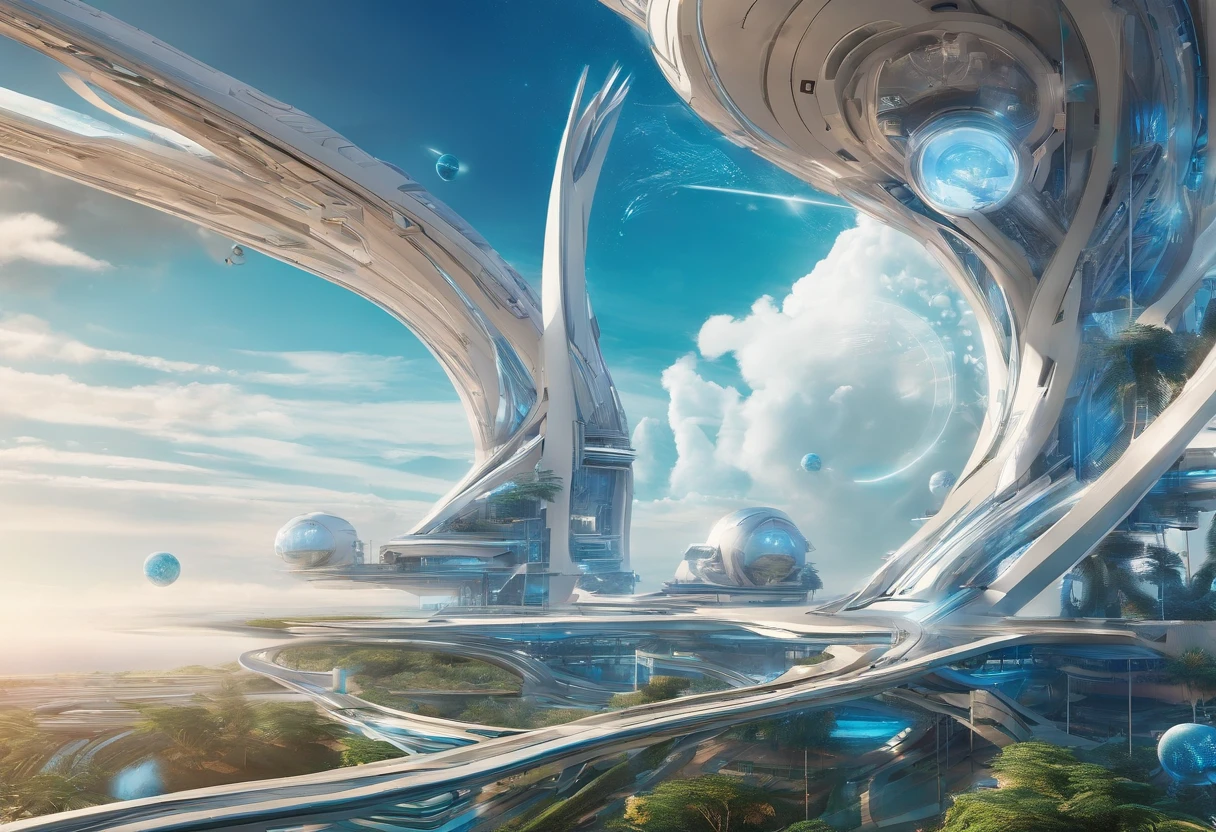 A cidade do futuro,Uma planta,viaduto,oasis,with blue sky and white clouds,Multi-elemento,muitos detalhes