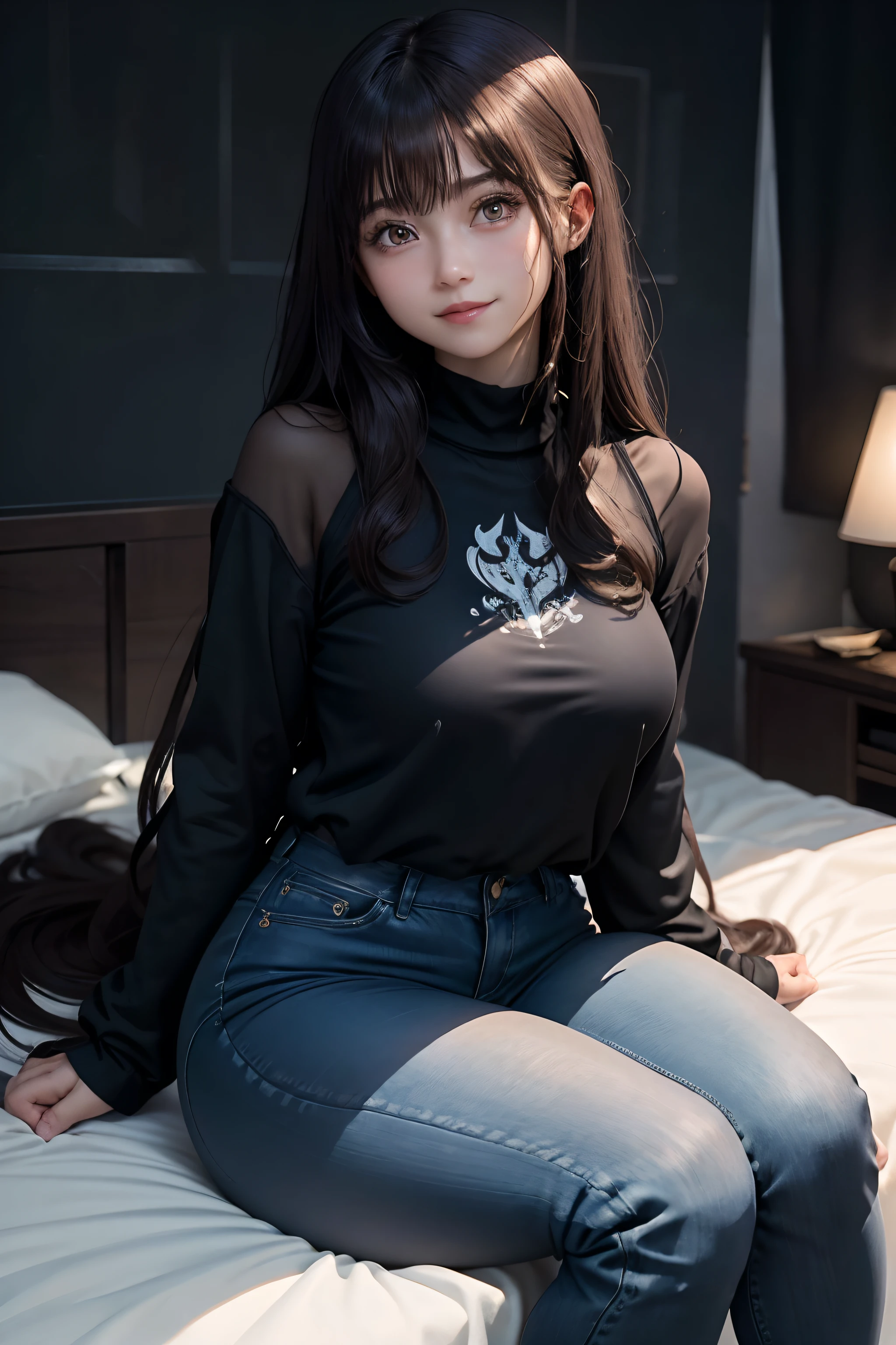 Long sleeve trainer、Loose trainer、Long Trainer、A slight smil、Transcendent beauty、Dark Gothic Makeup、Sweat glistens on my face、Thick sweat on the thighs glows profusely、Long hair straight hair、Brown hair、Transcendent cute face、Sit up、a bed、sprawl、Dark blush、masutepiece、8K、dark black eye shadow、24 year old、wretched、Super Large Long-Length Trainer、Gothic Room Space、Thighs glow a lot of stickiness.、chies、Too large tops、Sweat shining profusely on the thighs、A smile、Smile、Underwear black、Transcendent Denim Pants Short、Denim pants super short、Mini Hot Pants、Tight denim pants、Slender system、Stained glass background、boredom、Sexy look、Panting face、A sexy、Sad face、Sweat shins on the face、Shot in loose、Photographed from afar、Shot with a pull、Arms put to the side、Dark black knee-high socks、Dark Black Thigh Socks、